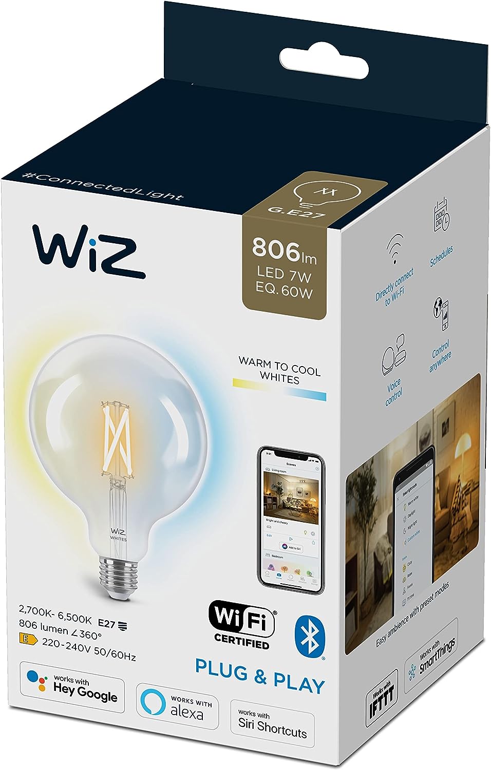 WiZ Tunable White LED Lampe, Globe, E27, 60W, Vintage Design, dimmbar, warm- bis kaltweiß, smarte Steuerung per App/Stimme über WLAN