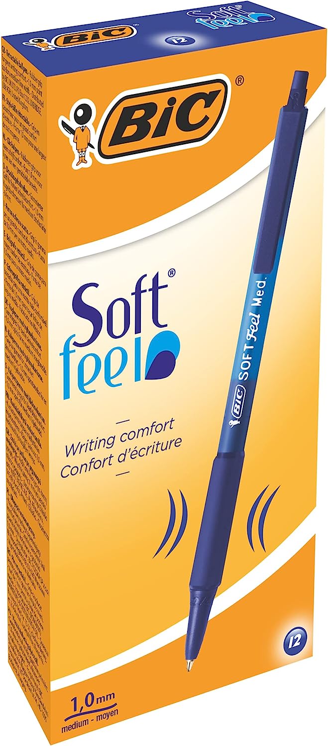 BIC Kugelschreiber Set Soft Feel Grip, in Blau, Strichstärke 0,4 mm, 12er Pack, Ideal für das Büro, das Home Office oder die Schule