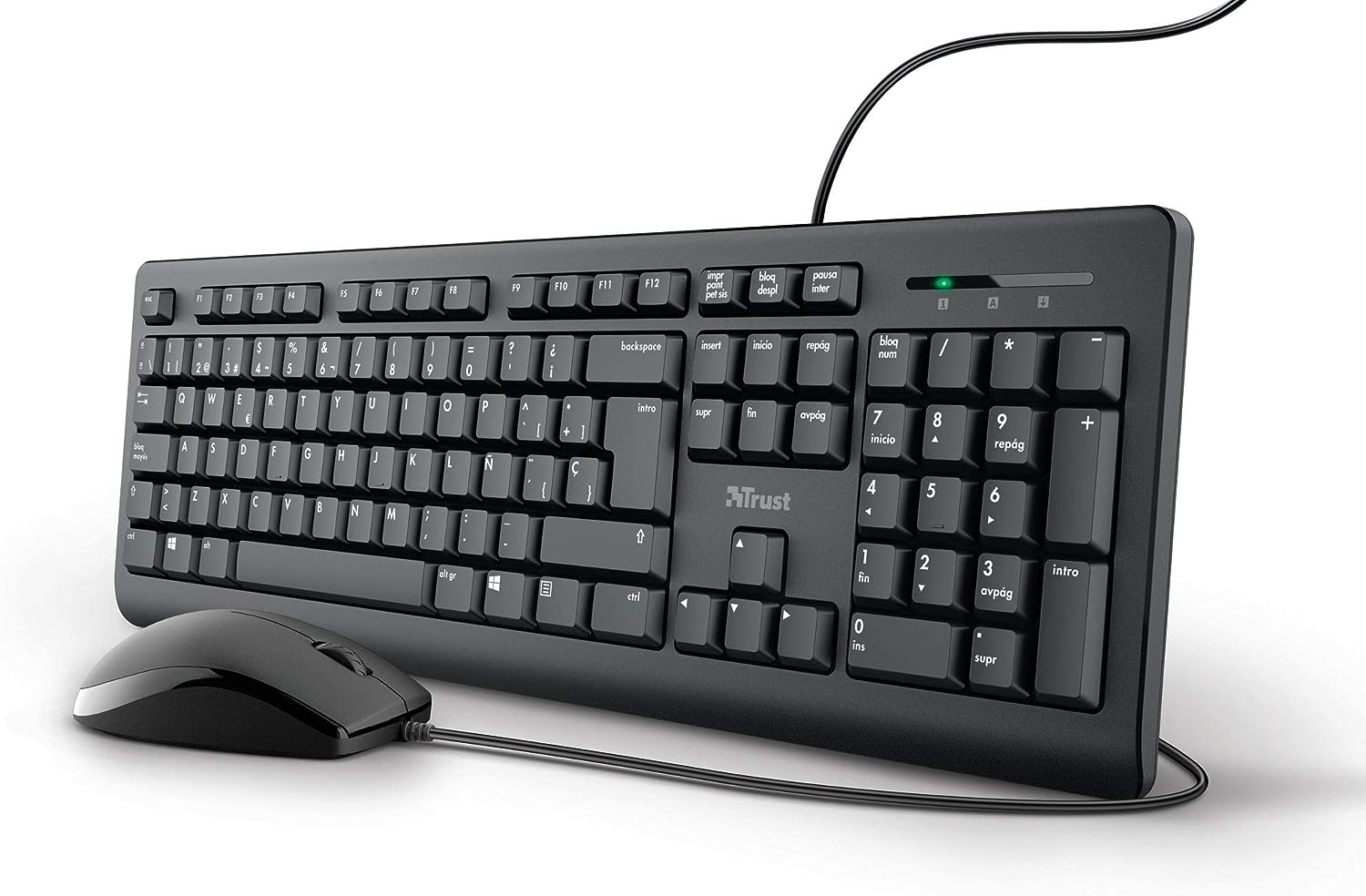 Tastatur und Maus mit Kabel – spanisches QWERTY-Layout, 1,8 m langes Kabel, USB-Anschluss, auslaufsichere Tastatur, Windows, Mac, PC, Laptop, Schwarz