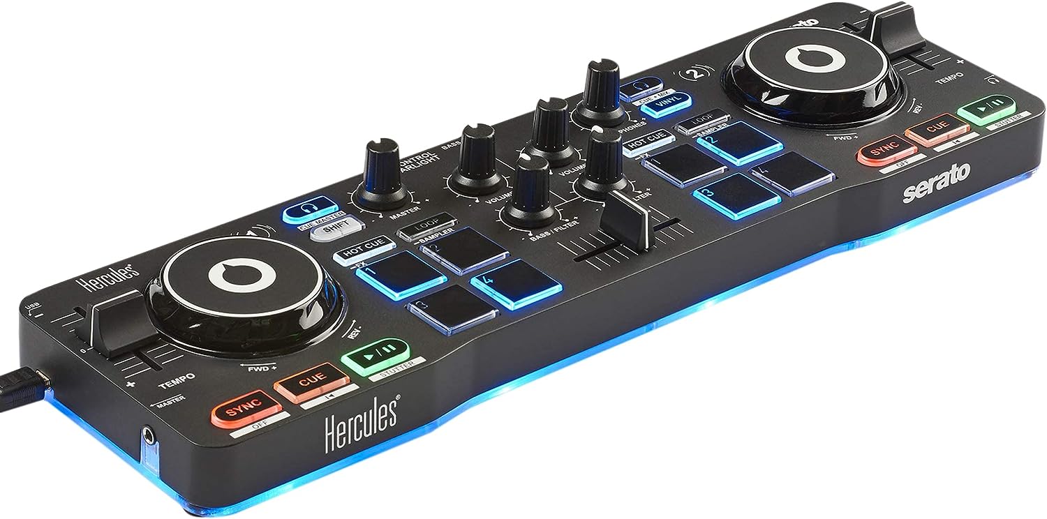 Hercules DJControl Starlight - Tragbarer 2-Deck DJ-USB-Controller mit 8 Pads, Serato DJ Lite Software, für PC und MAC