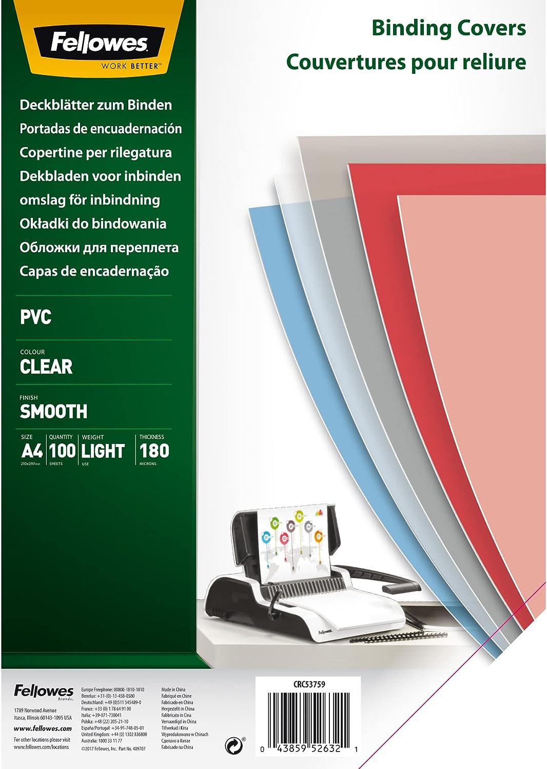 Fellowes PVC Deckblätter, 180 Mikron, transparent