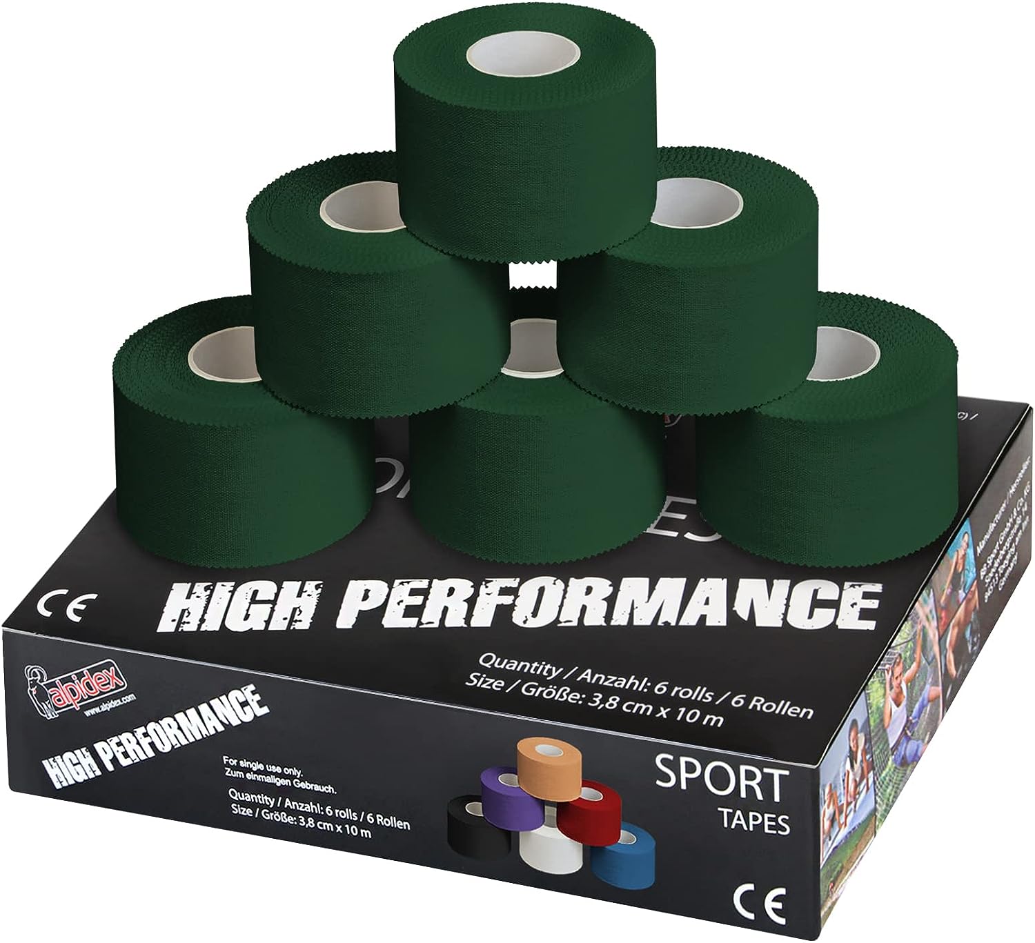 ALPIDEX 6 Rollen Sport Tape Set 3,8 cm x 10 m Gelenk Tapeverband Viele Farben Reißbares Unelastisches Sporttape Hautfreundlich Handball Fußball Volleyball