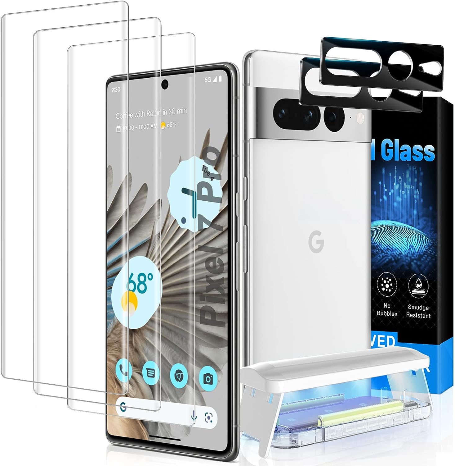 Mowei [3+2 Stück] kompatibel mit Panzerglas für Google Pixel 7 Pro Displayschutz [Fingerabdruck unterstützen] 3X Schutzglas und 2X Kameraobjektivschutz für Pixel 7 Pro 5G (2022)