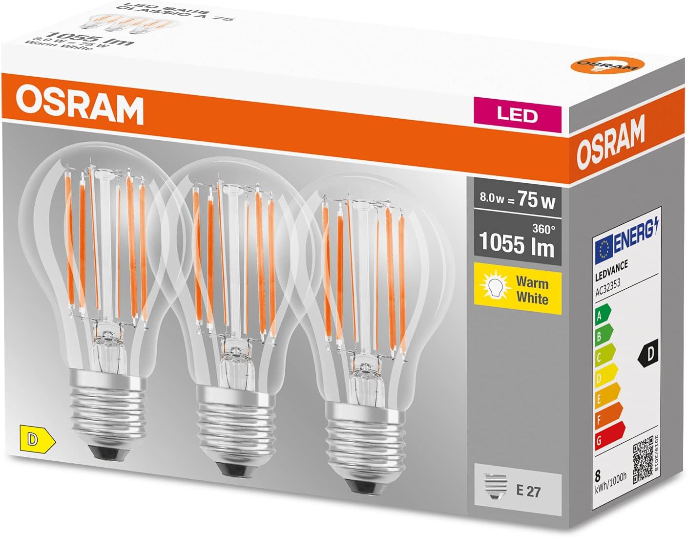 OSRAM LED-Lampe, Sockel: E27, Warm weiß, 2700 K, 7,50 W, Ersatz für 75-W-Glühbirne, klar, LED BASE CLASSIC A, 3er-Pack