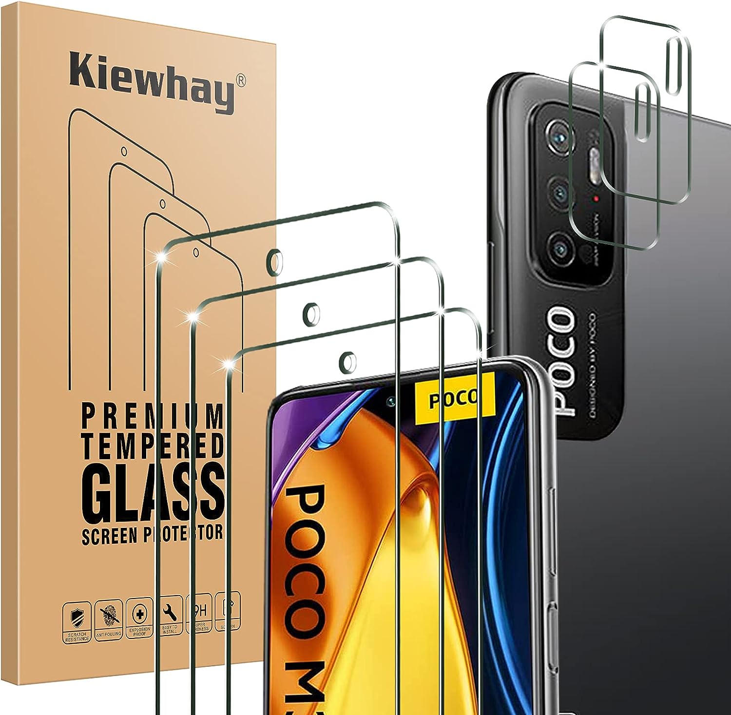 Kiewhay Schutzfolie Kompatibel mit Xiaomi Redmi Note 10 5G/ Poco M3 Pro 5G Panzerfolie 6,5'', 3x Schutzfolie +2x Kamera Displayschutzfolie, [9H Härte] 99,99% HD Panzerfolie - 5 Stück