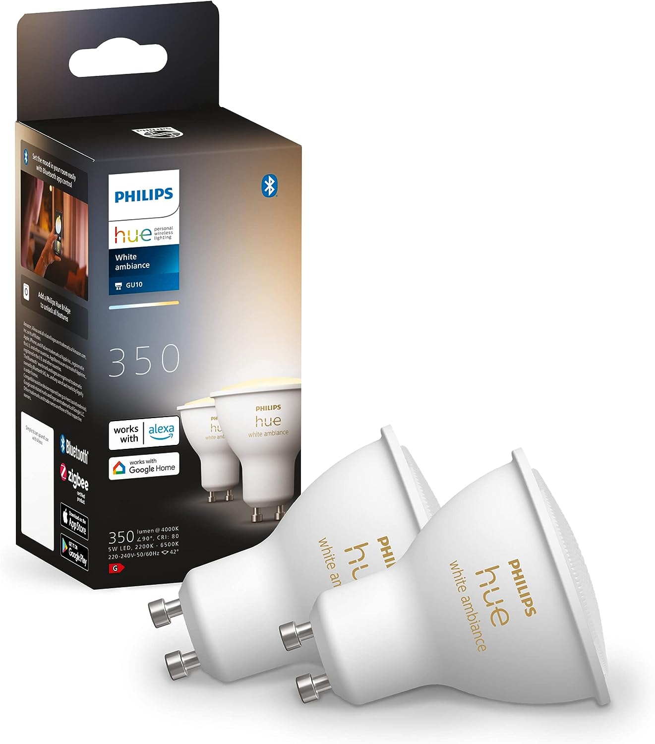 Philips Hue White Ambiance GU10 Lampe Doppelpack 2x350lm, dimmbar, alle Weißschattierungen, steuerbar via App, kompatibel mit Amazon Alexa (Echo, Echo Dot)