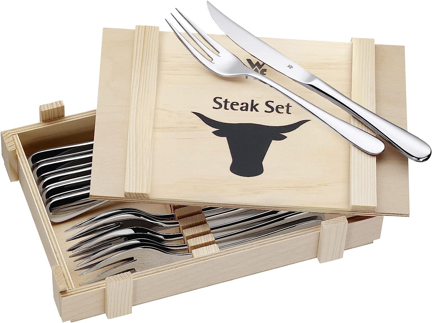 WMF Steakbesteck 12-teilig, Steakbesteck Set für 6 Personen, Steakmesser Set, Steakgabel, Cromargan Edelstahl poliert, Grillbesteck in Holzkiste