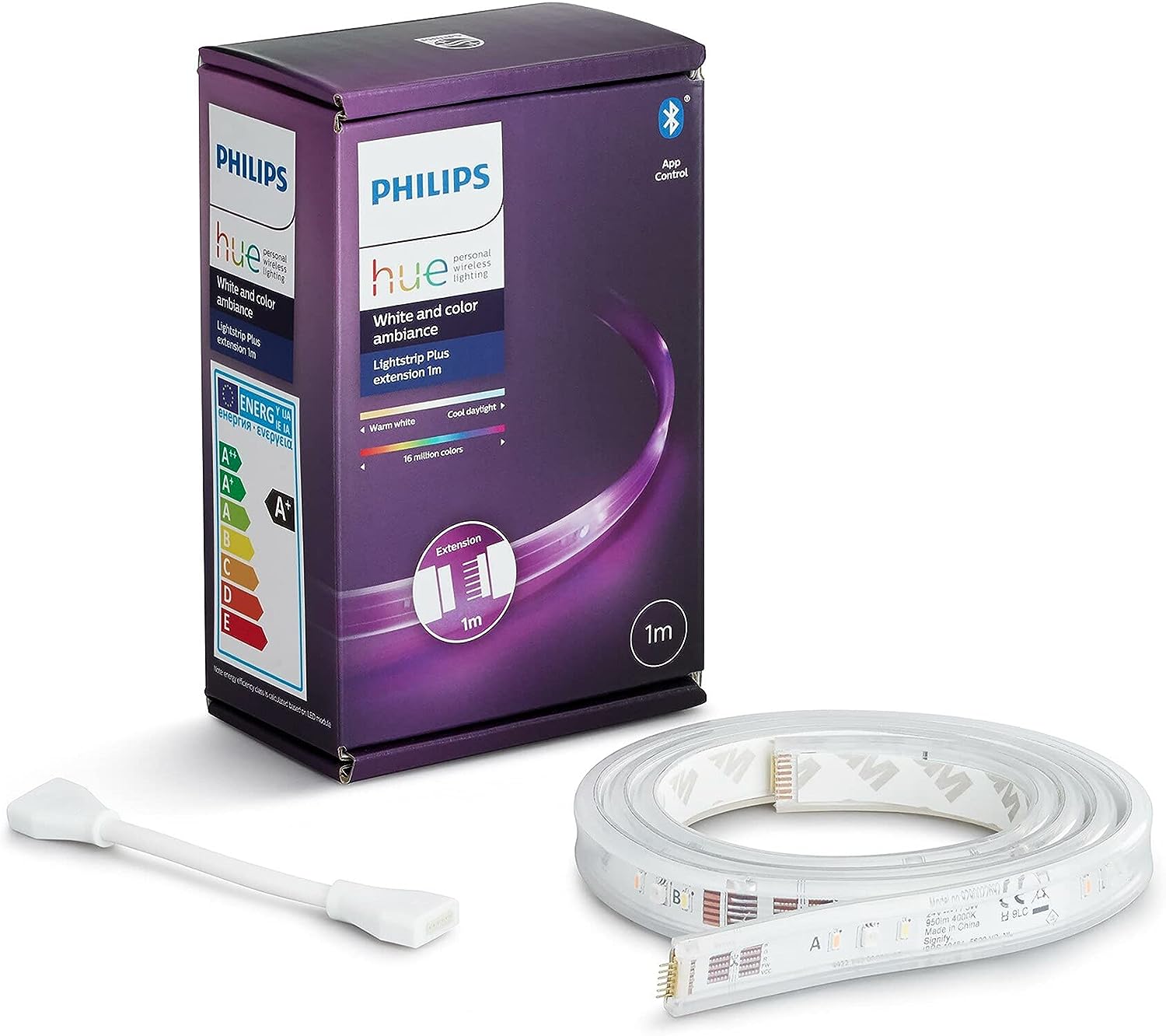 Philips Hue White & Col. Amb. Lightstrip Plus 1m Erweiterung, dimmbar, 16 Mio. Farben, steuerbar via App, kompatibel mit Amazon Alexa (Echo, Echo Dot) [Energieklasse A], Weiß