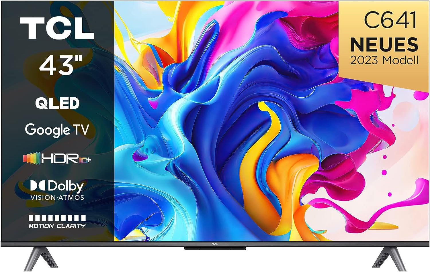 TCL C641 QLED 4K UHD Fernseher 43 Zoll (108cm), 120 Hz Gaming, HDR10+, Dolby Vision, Dolby Atmos, Smart TV, Triple-Tuner DVB-T2/S2/C, Google TV, Schwarz, 2023