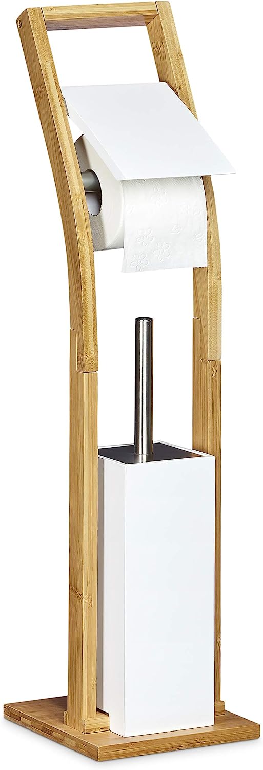 Relaxdays Stand WC Garnitur Holz HBT 75 x 19 x 19 cm Toilettenbürstenhalter aus Bambus mit Toilettenpapierhalter und Klobürste als Klorollenhalter freistehend WC Bürstengarnitur, natur weiß