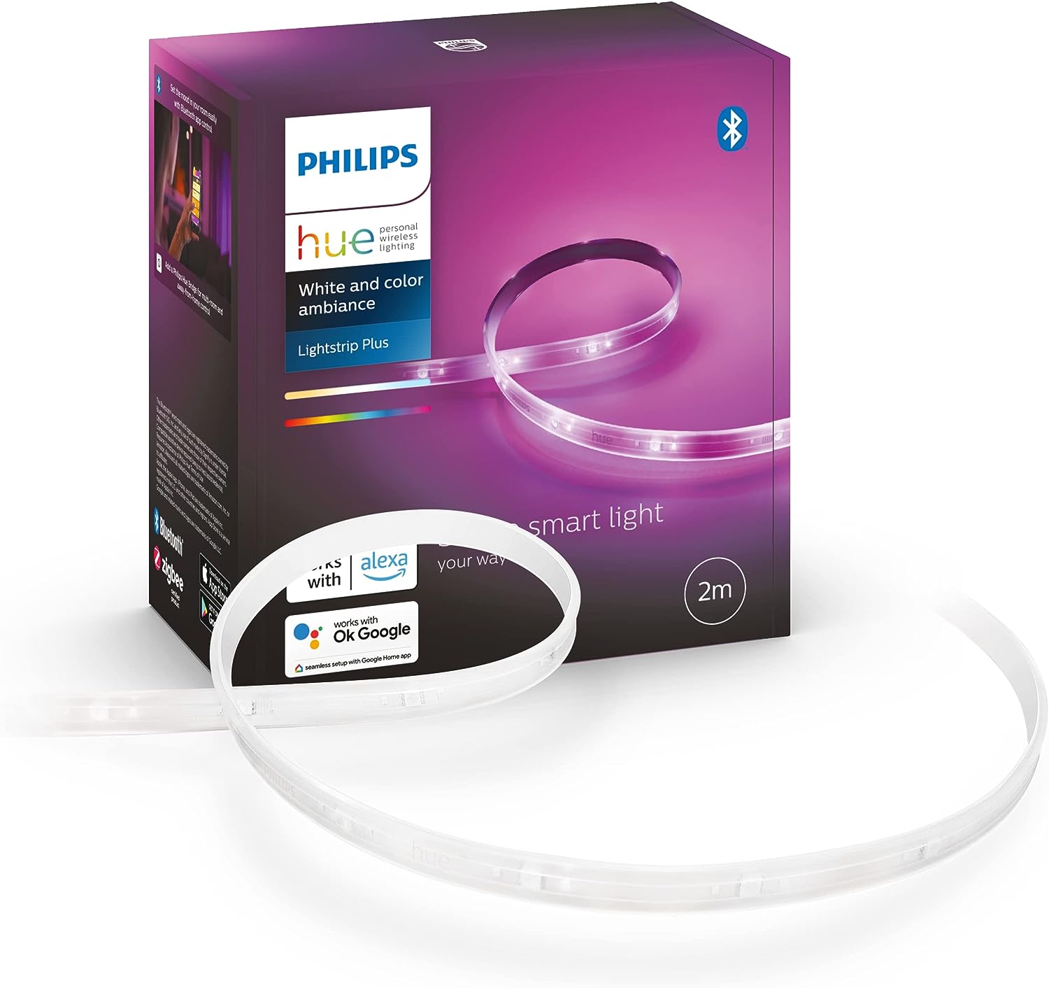 Philips Hue White & Col. Amb. Lightstrip Plus 2m Basis, 1600lm, 16 Mio. Farben, steuerbar via App, kompatibel mit Amazon Alexa (Echo, Echo Dot)