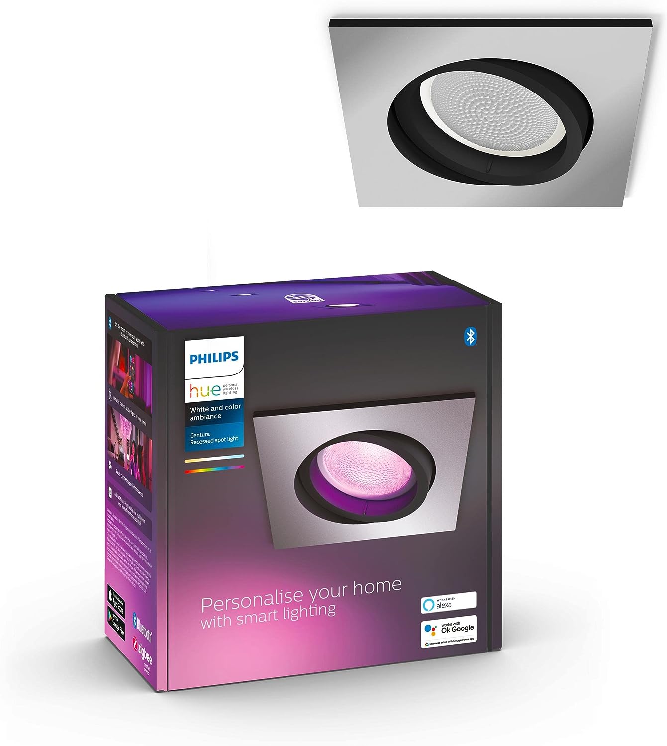 Philips Hue White & Color Ambiance Einbauspot aluminium Centura 230lm, eckig, dimmbar, 16 Mio. Farben, steuerbar via App, kompatibel mit Amazon Alexa (Echo, Echo Dot)