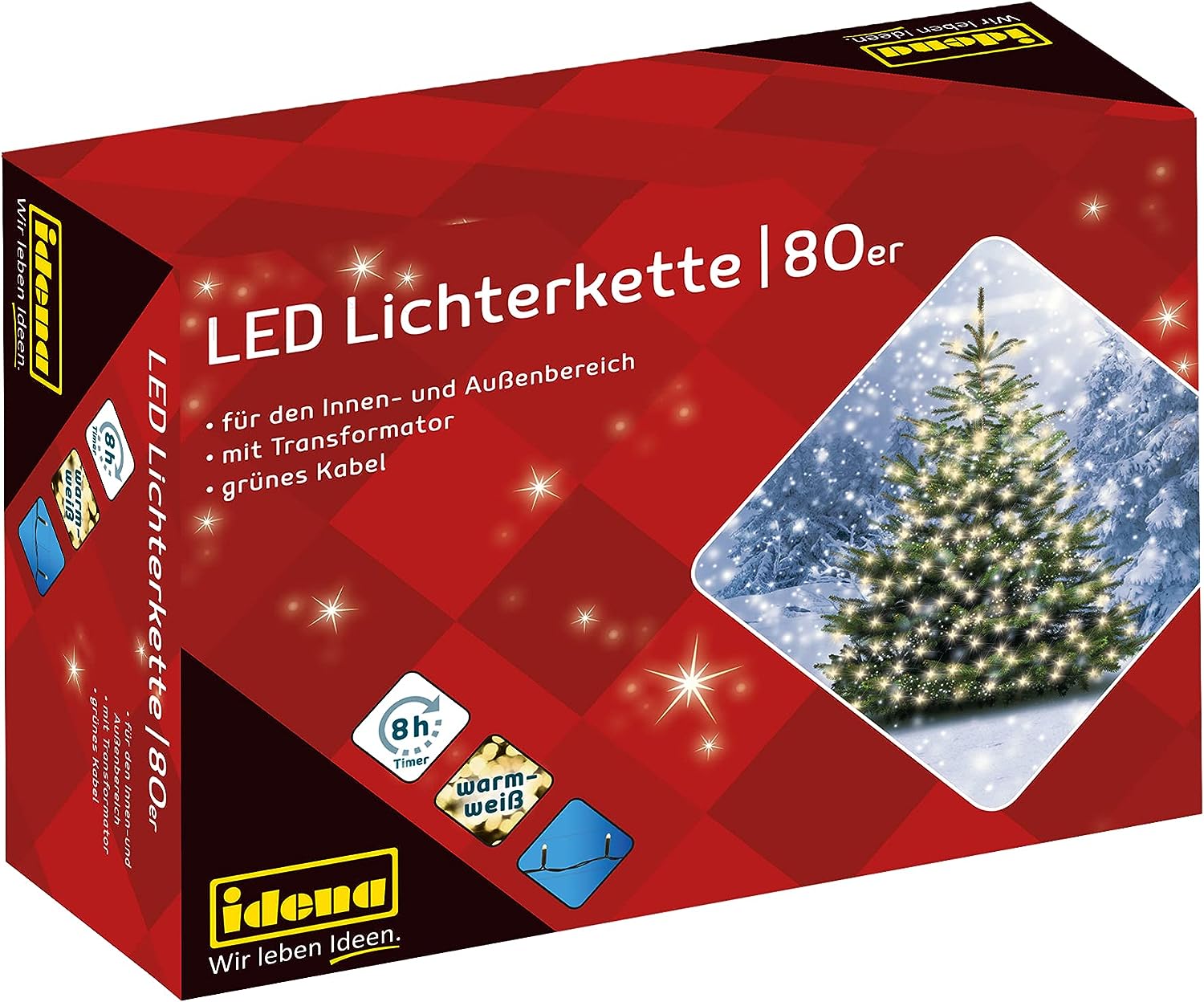 Idena 8325058 - LED Lichterkette mit 80 LED in warmweiß, mit 8 Stunden Timer Funktion und Transformator, ca. 15,9 m lang, Innen- und Außenbereich, für Partys, Weihnachten, Deko, Hochzeit