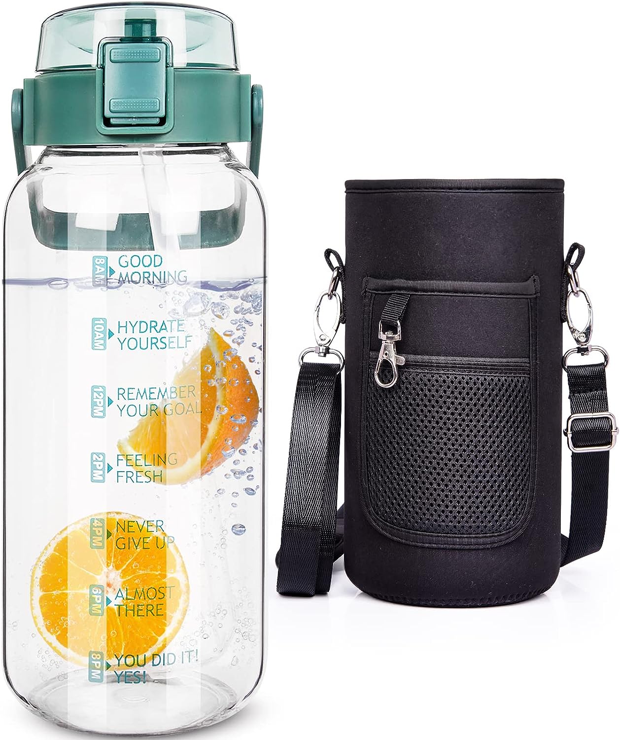 DEARRAY 2l Sport Trinkflasche Glas Flasche mit Strohhalm & Zeitmarkierung 2 liter Große bpa frei Wasserflasche Motivation mit Uhrzeit Kohlensäure geeignet