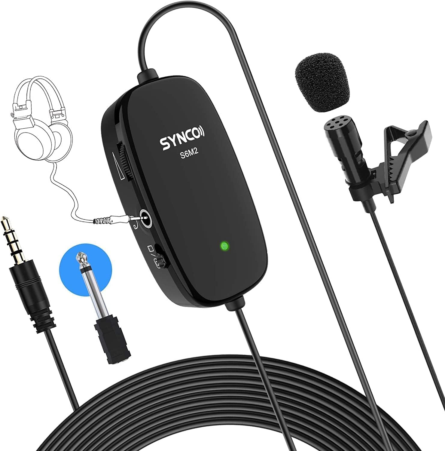 Synco Lav-S6M Mikrofon Lavalier Mikrofon mit Audioüberwachung Omnidirektionaler Kondensator 6M, kompatibel für Kameras, Handys, Camcorder, Audio-Rekorder, Mischer, Computer