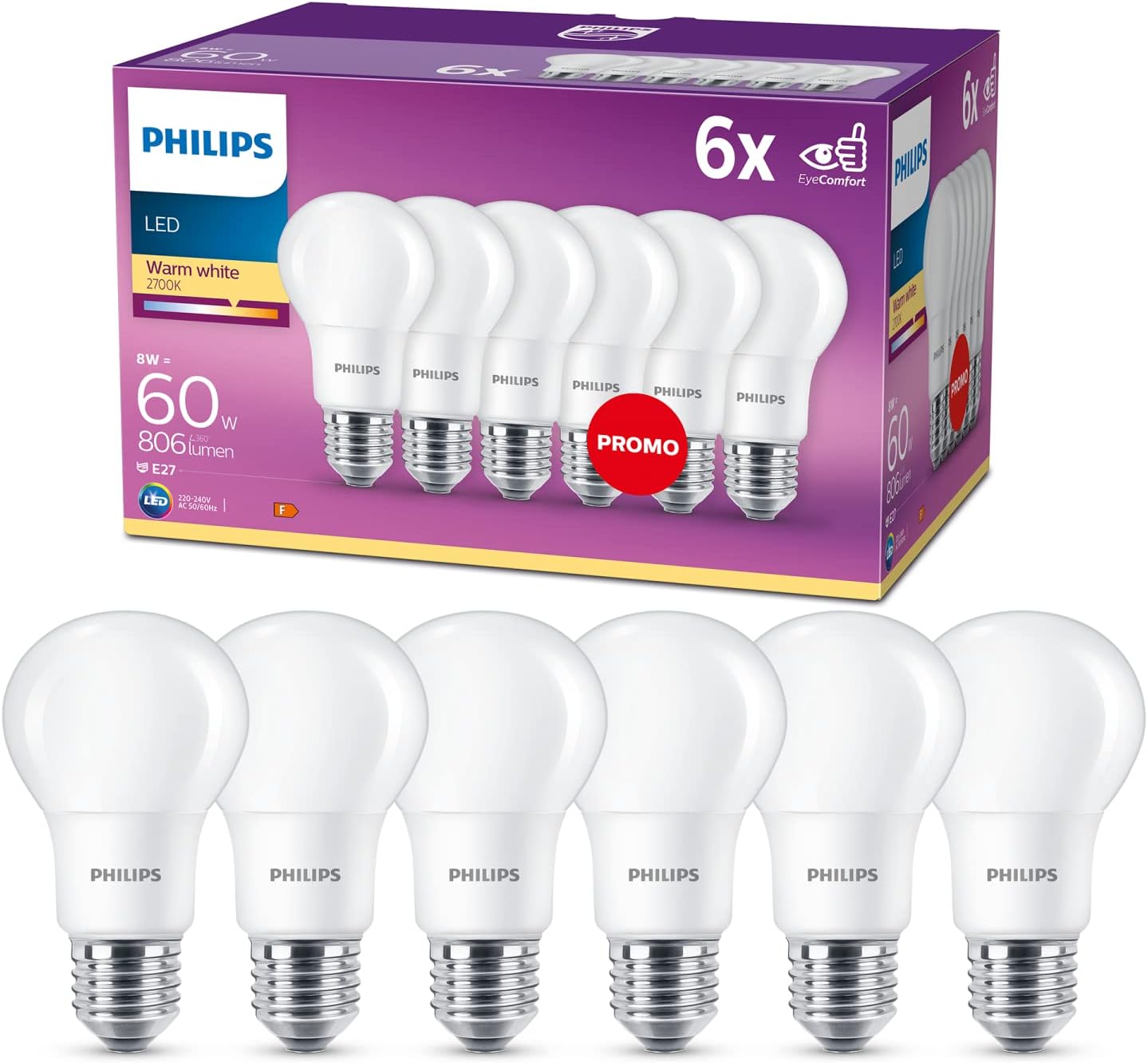 PHILIPS 929001234391 LED Classic E27 Lampe, 60 W, Matt, Warmweiß, 6er Pack