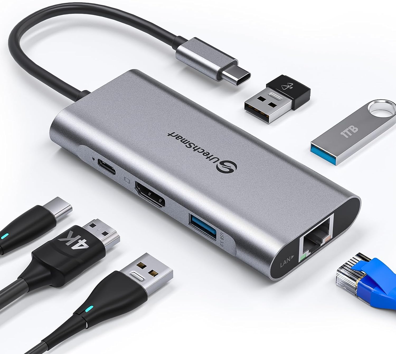 USB C Hub, UtechSmart USB C Ethernet Multiport Adapter, 6 in 1 USB C to HDMI Dock kompatibel für Macbook Pro/Air, Chromebook, Dell XPS, HP und Typ C Geräte (Gigabit Ethernet 100W PD 4K HDMI USB 3.0)