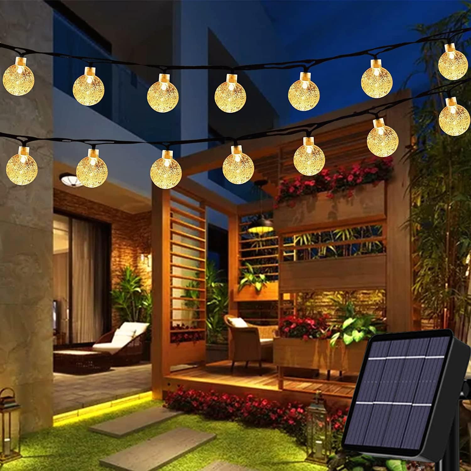 Useber Lichterkette Außen Solar, 50 LED 8 Modi Wetterfest, Solar Lichterkette Aussen Kristall Kugeln, dekorative für Garten, Party, Weihnachten, Bäume, Terrasse, Weihnachten, Hochzeiten (Warmweiß)