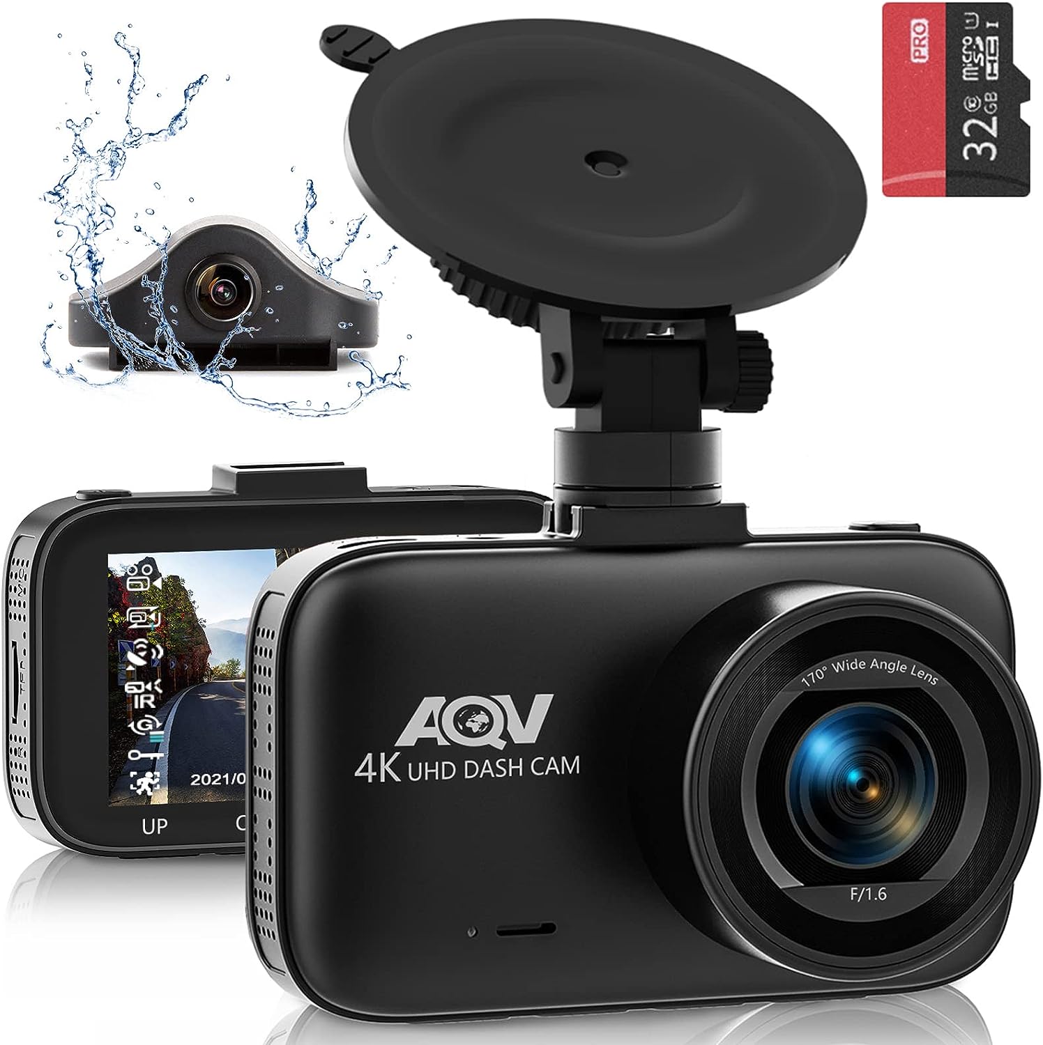 AQV Dashcam Auto Vorne und Hinten 4K Autokamera mit GPS, 310° Weitwinkel, G-Sensor, Loop-Aufnahme, WDR, Parküberwachung, Bewegungserkennung, Super Nachtsicht, Sicherere Superkondensator, Max 128 GB