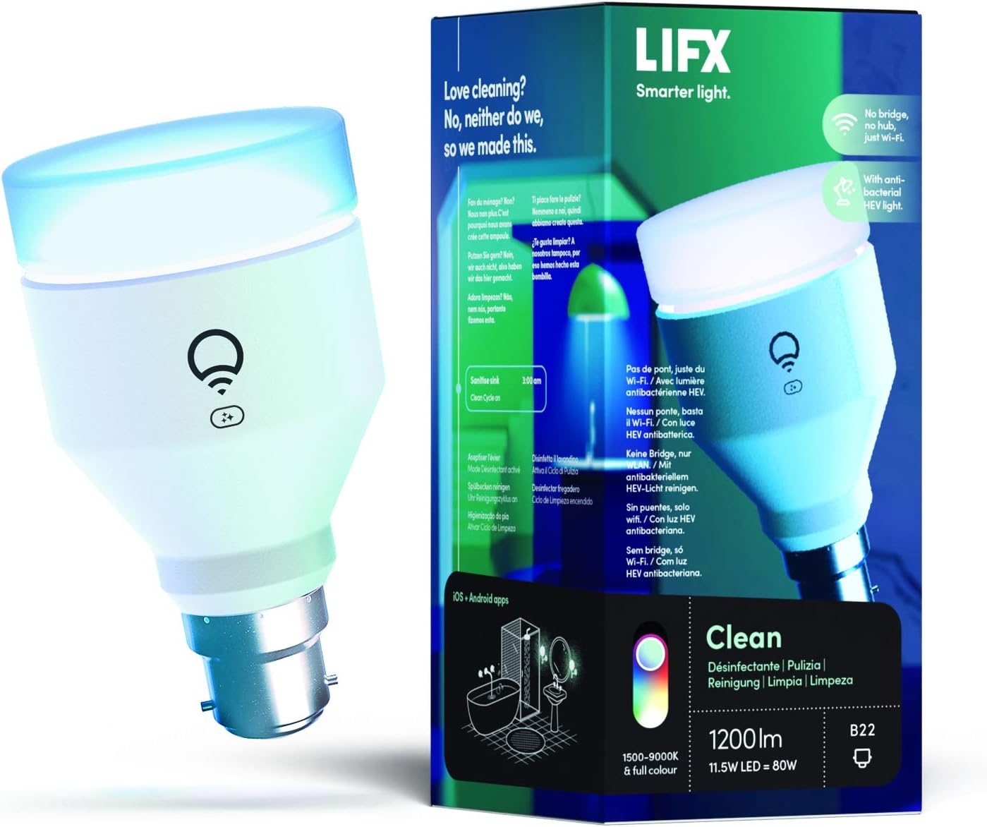 LIFX Clean A60 1200 Lumen [B22-Bajonettsockel], Mehrfarbig mit antibakteriellem HEV, WLAN-fähige Smart LED-Glühlampe, Bridge nicht nötig, Kompatibel mit Alexa, Hey Google, HomeKit und Siri