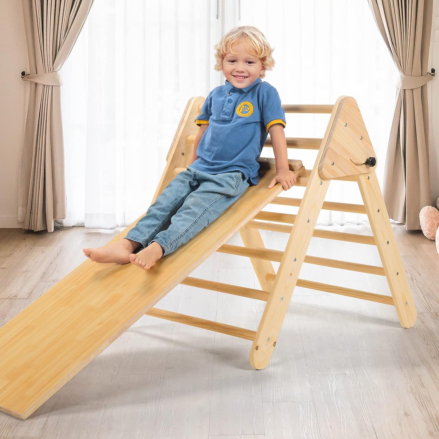 Ogelo 3 in 1 Kletterdreieck mit Rutsche, Montessori Faltbarer Indoor Spielplatz, Rutsche & Felswand Natur Holz Kletterspielzeug für Kleinkinder & Kinder Jungle Gym