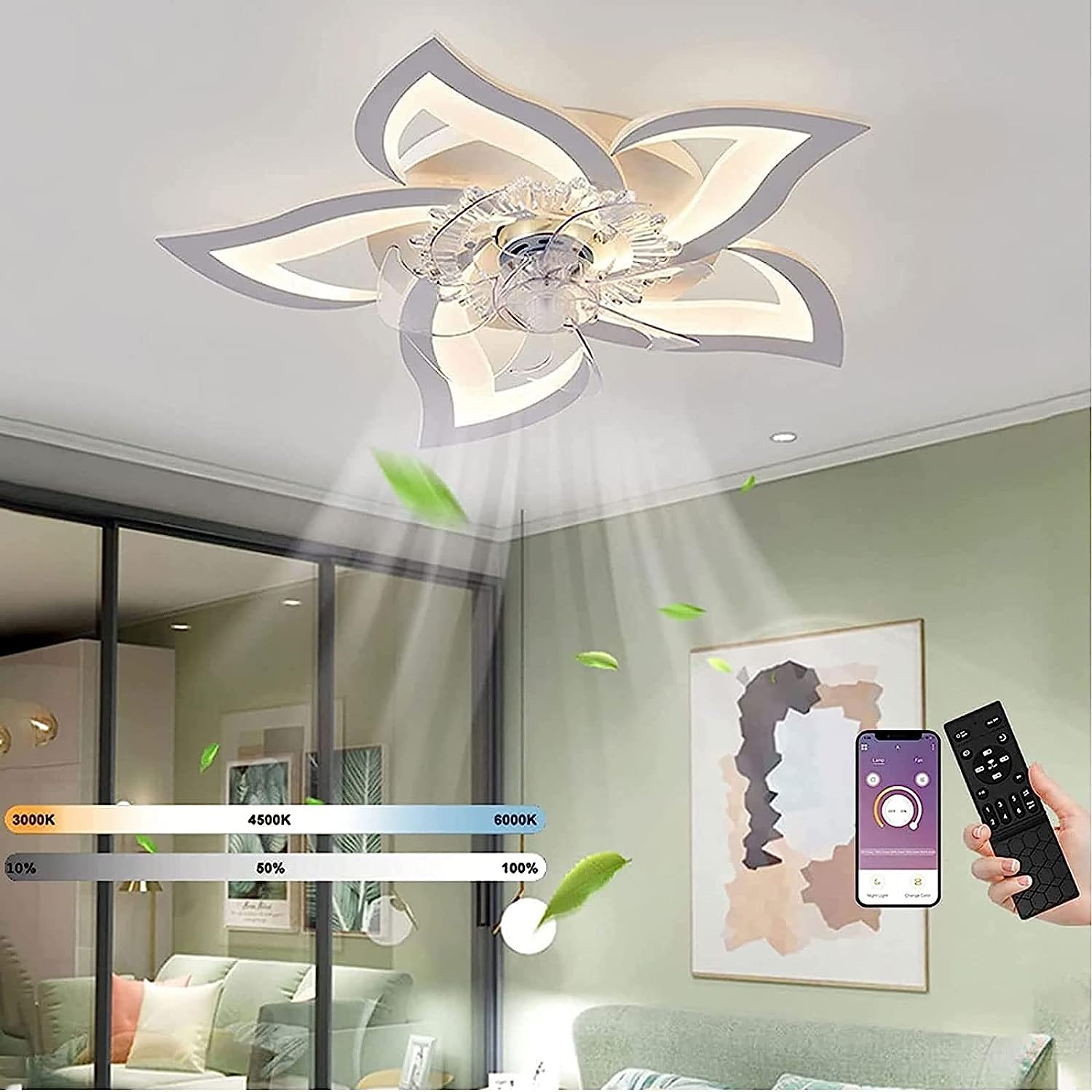 MiiR LED Leise Deckenventilator Mit Beleuchtung, 50W Schlafzimmer Deckenleuchte, Mit Fernbedienung Und APP Dimmbare Lampe Mit Ventilator 5 Lichter Blumenform Acryl Lampenschirm Wohnzimmer Küche 69cm