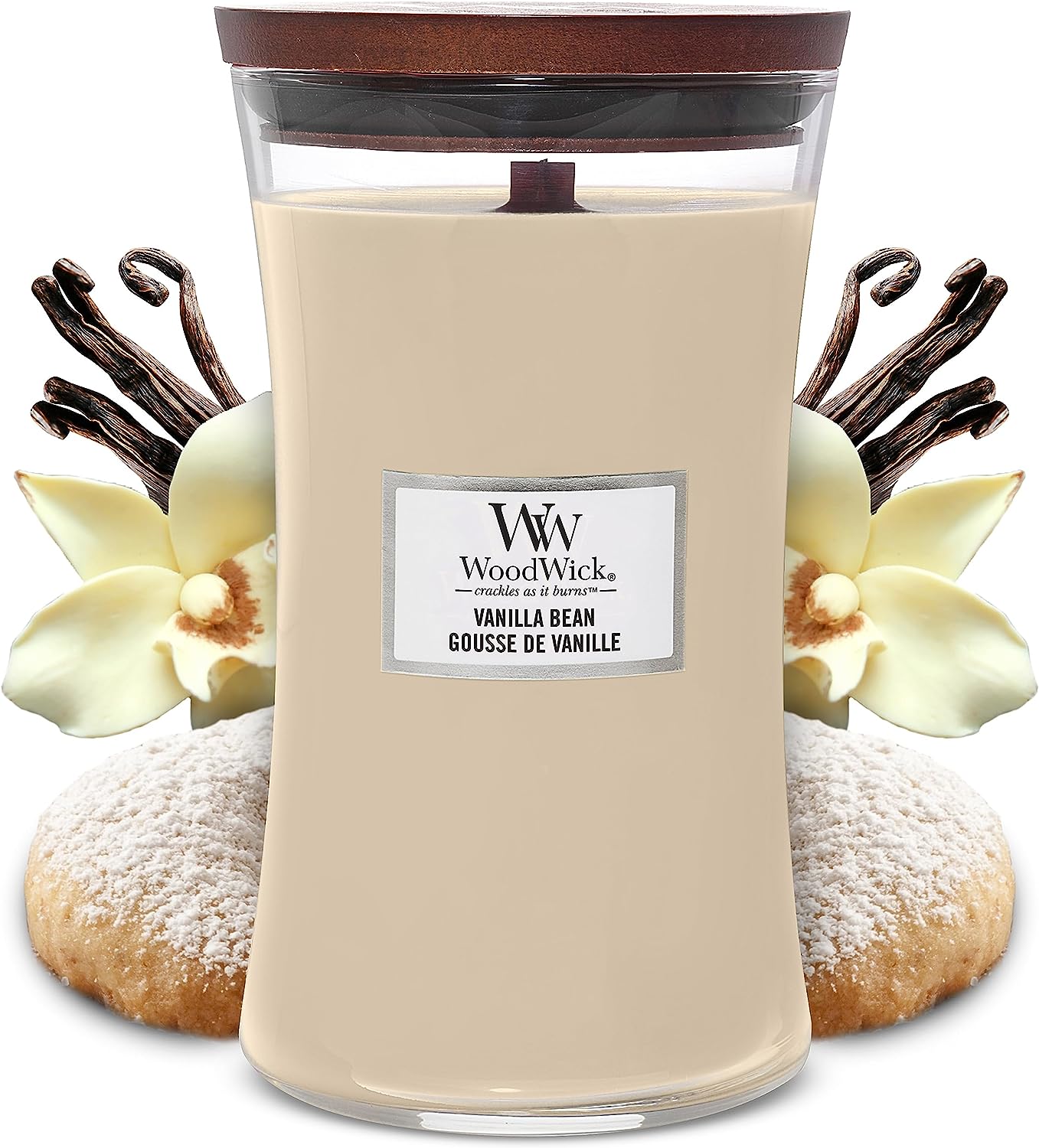 Große WoodWick Duftkerze im Sanduhrglas mit knisterndem Docht, Black Cherry, bis zu 130 Stunden Brenndauer, vanilla bean