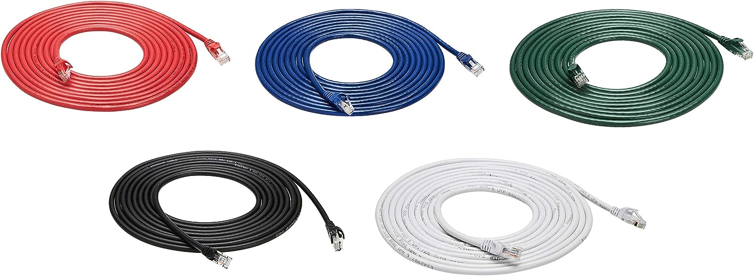 Amazon Basics Ethernetkabel Cat6, knickgeschützt, 4,6m, 5 Stück, Schwarz/rot/blau/weiß/grün