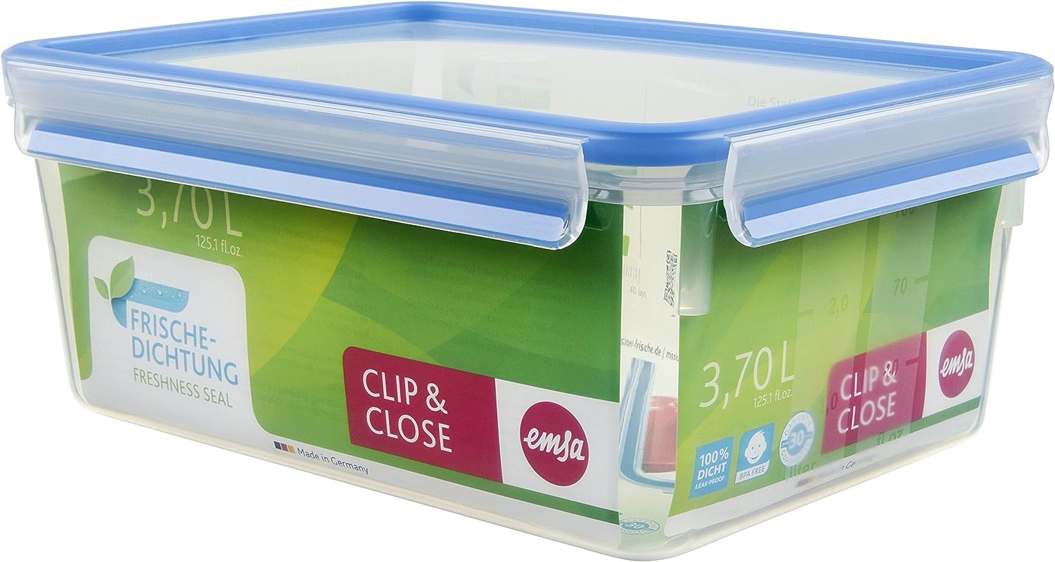 Emsa 508546 Clip & Close | Rechteckige Frischhaltedose | mit Deckel | 3.7 Liter | Transparent/Blau