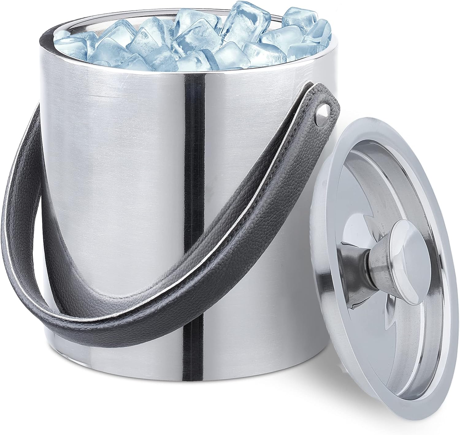 Relaxdays Eiswürfelbehälter, Edelstahl, doppelwandig, Eiseimer mit Deckel & Henkel, 1,5 Liter, Eiswürfelkühler, Silber