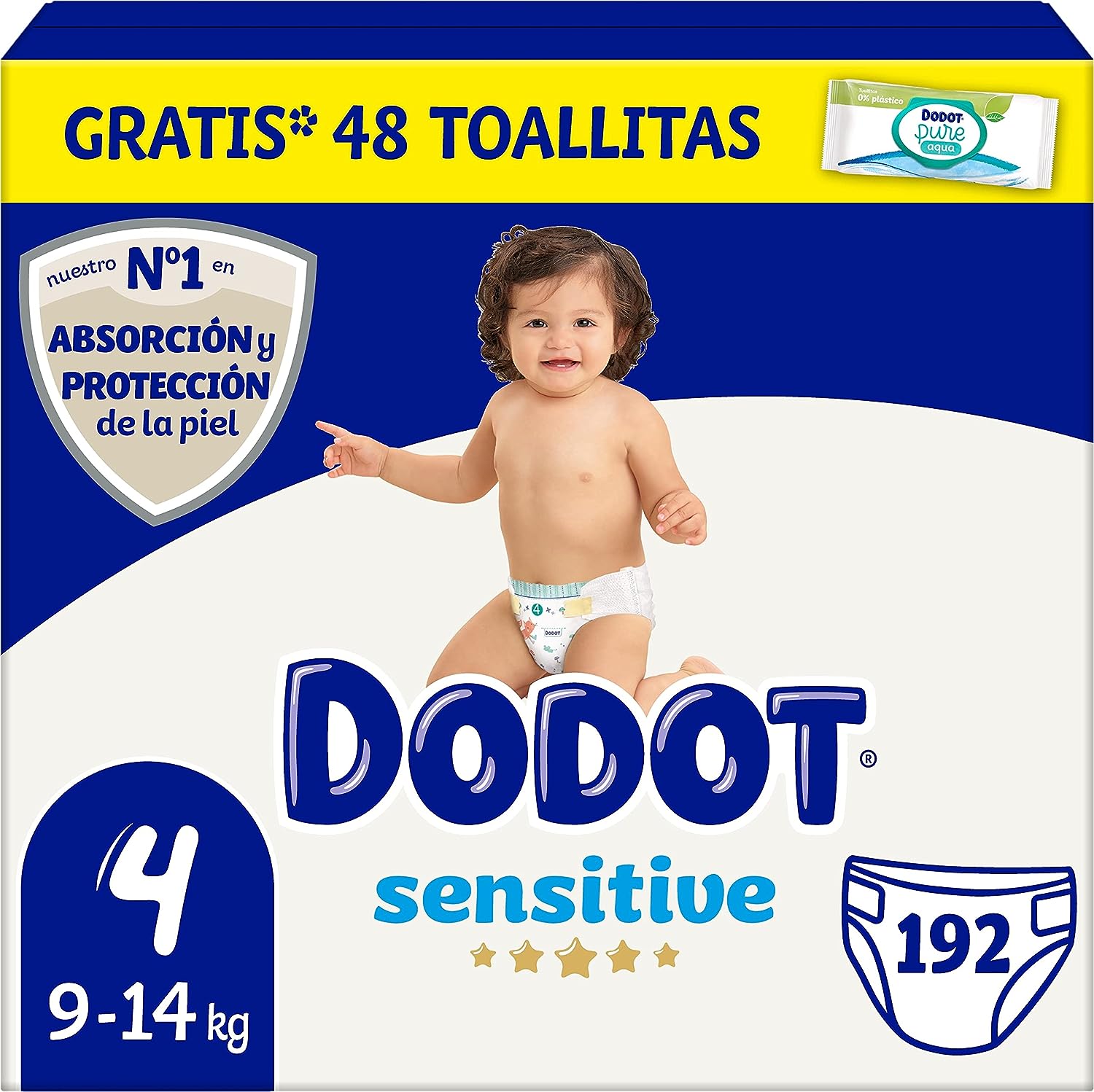 Dodot Baby Sensitive Windeln, Größe 4 (9-14 kg), 192 Windeln + 1 Pack mit 40 Tüchern, Aqua Plastic Free, optimaler Schutz der Haut von Dodot, Monatspackung