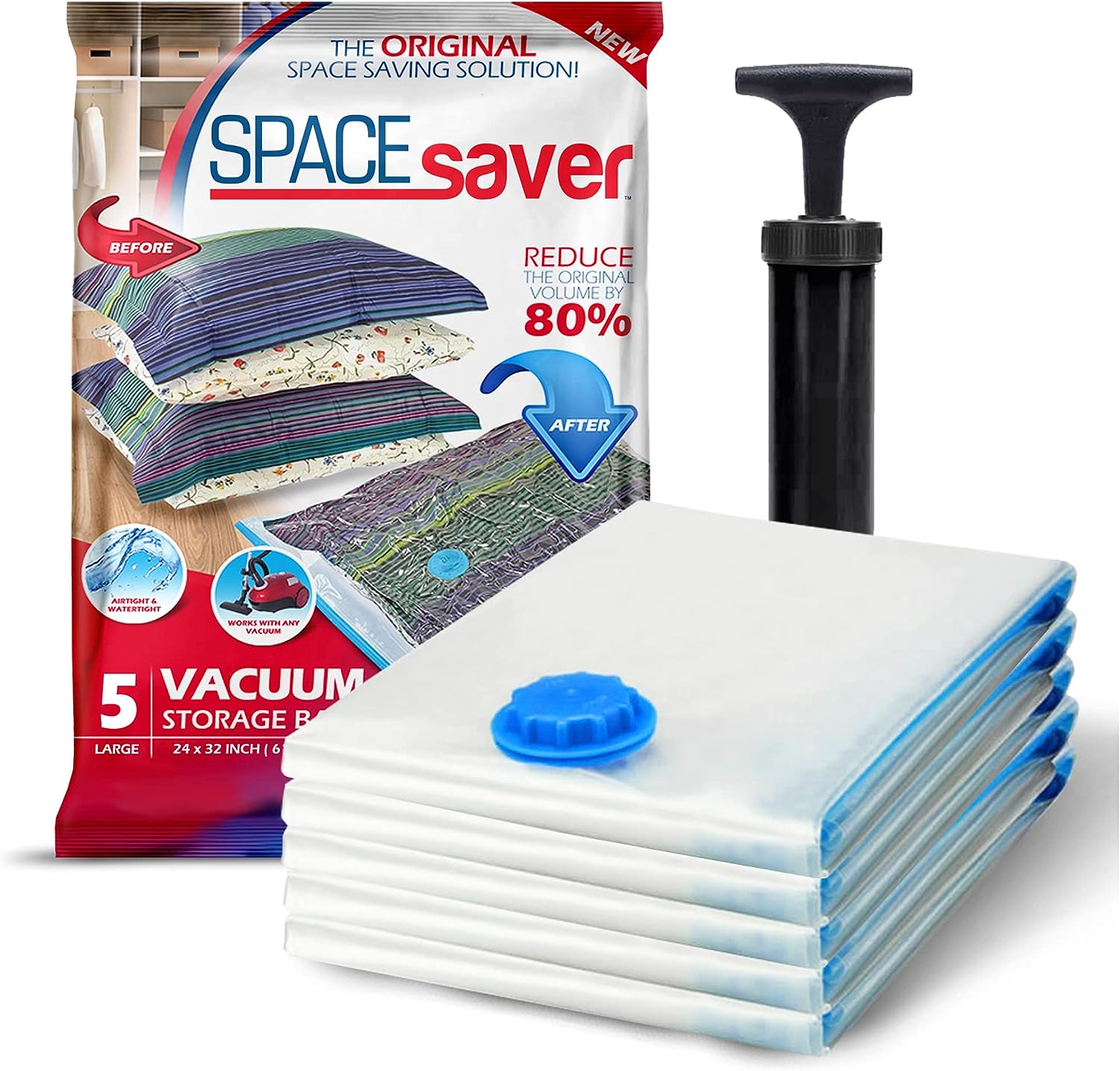Spacesaver Hochwertige Vakuumbeutel für Kleidung, 80% mehr Stauraum Vakuum Aufbewahrungsbeutel mit Reise Pumpe Doppelreißverschluss und Dreifachdichtung für maximale Platzersparnis Groß 5 Pack