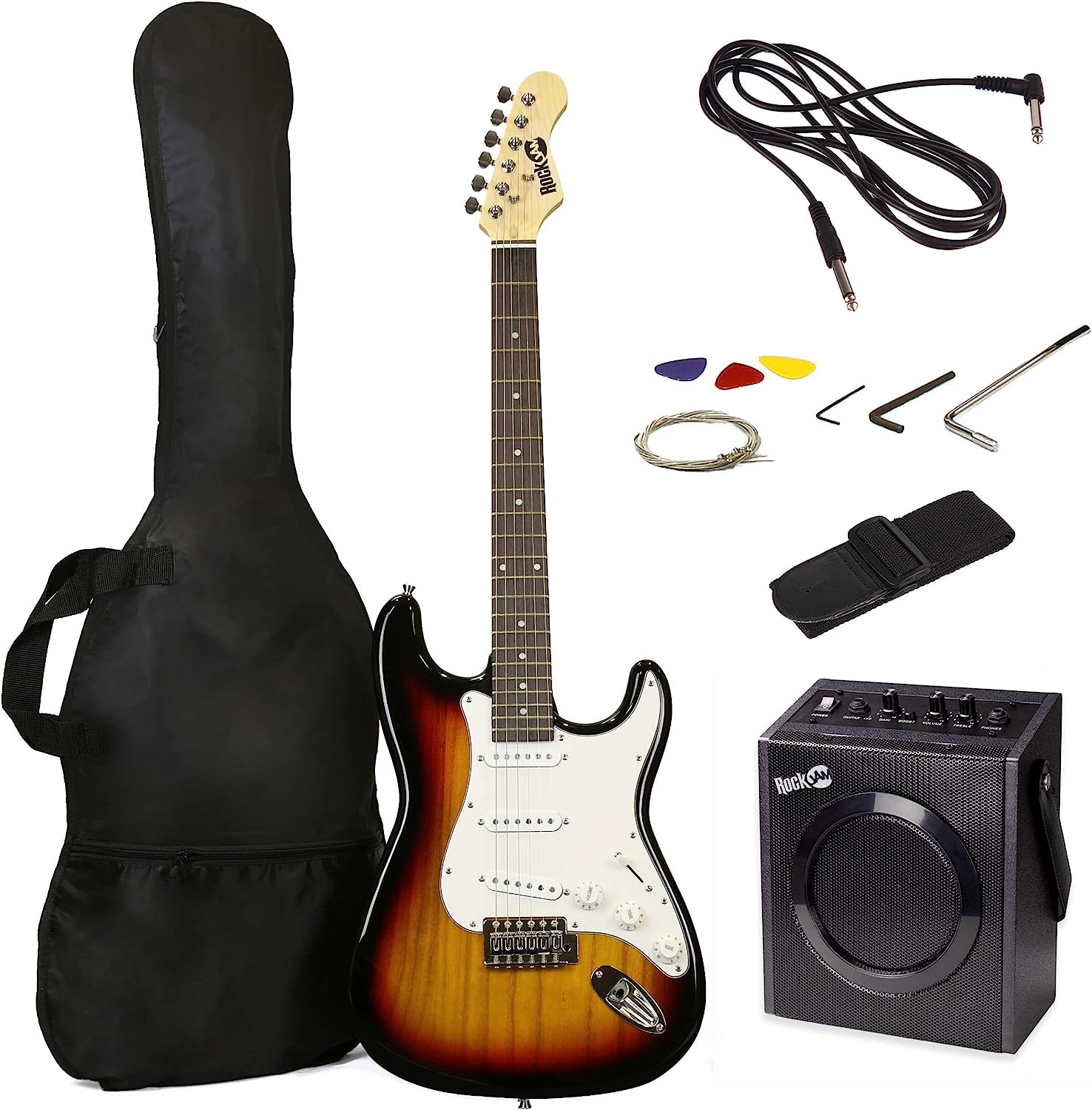 RockJam Full Size Electric Guitar Kit with 10-Watt Guitar Amp, Lessons, Strap, Gig Bag, Picks, Whammy, Lead and Spare Strings - SunBurst