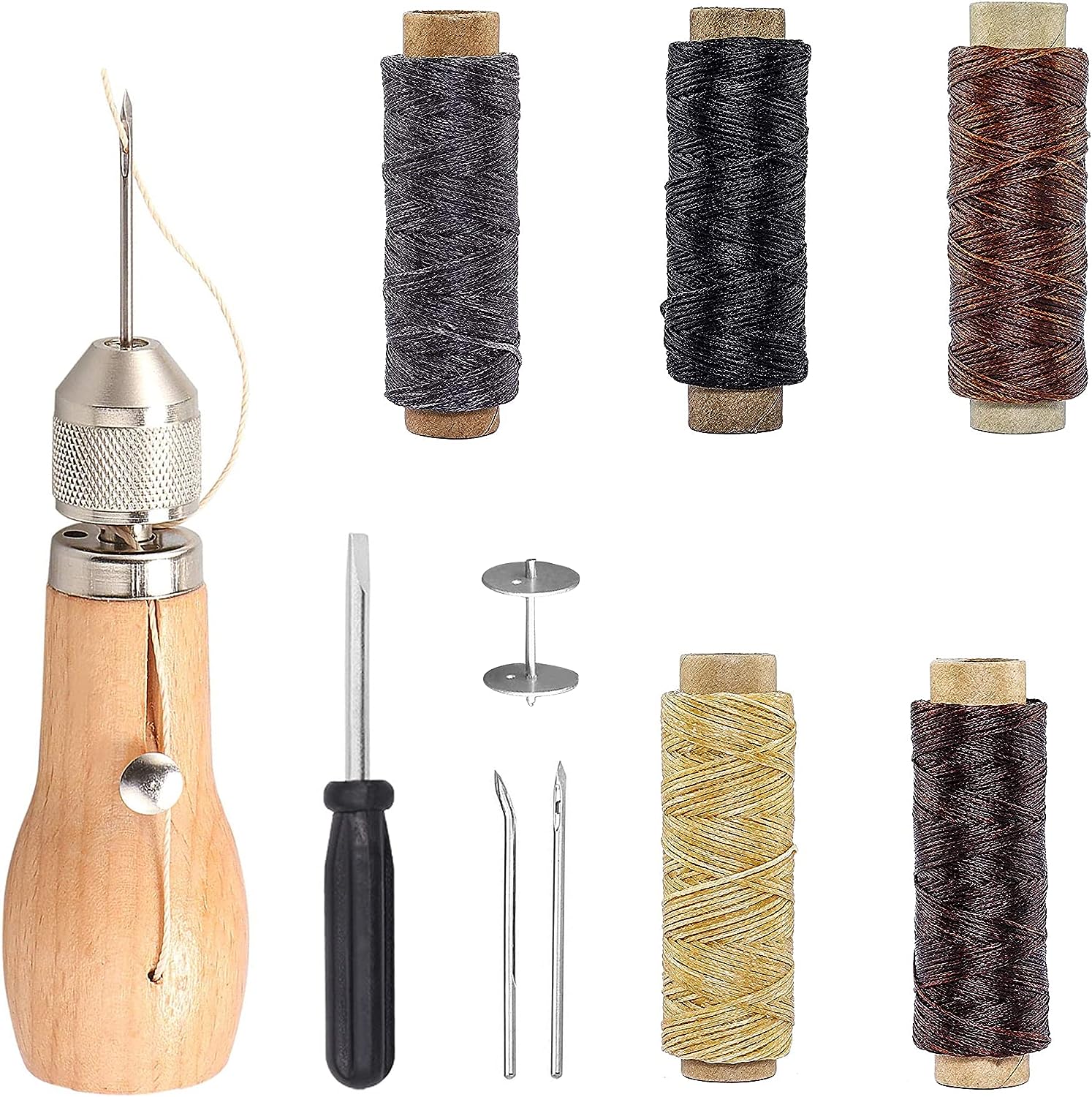 Leder Werkzeuge Set, Hand Ledernadeln + 5 Rollen Leder Wachsfaden (50 m), DIY Handwerk Ledernähset Nähzubehör, Mit Schraubendreher, Spule, Greifer, Kegelnadel, für Lederhandwerk DIY Sewing Craft