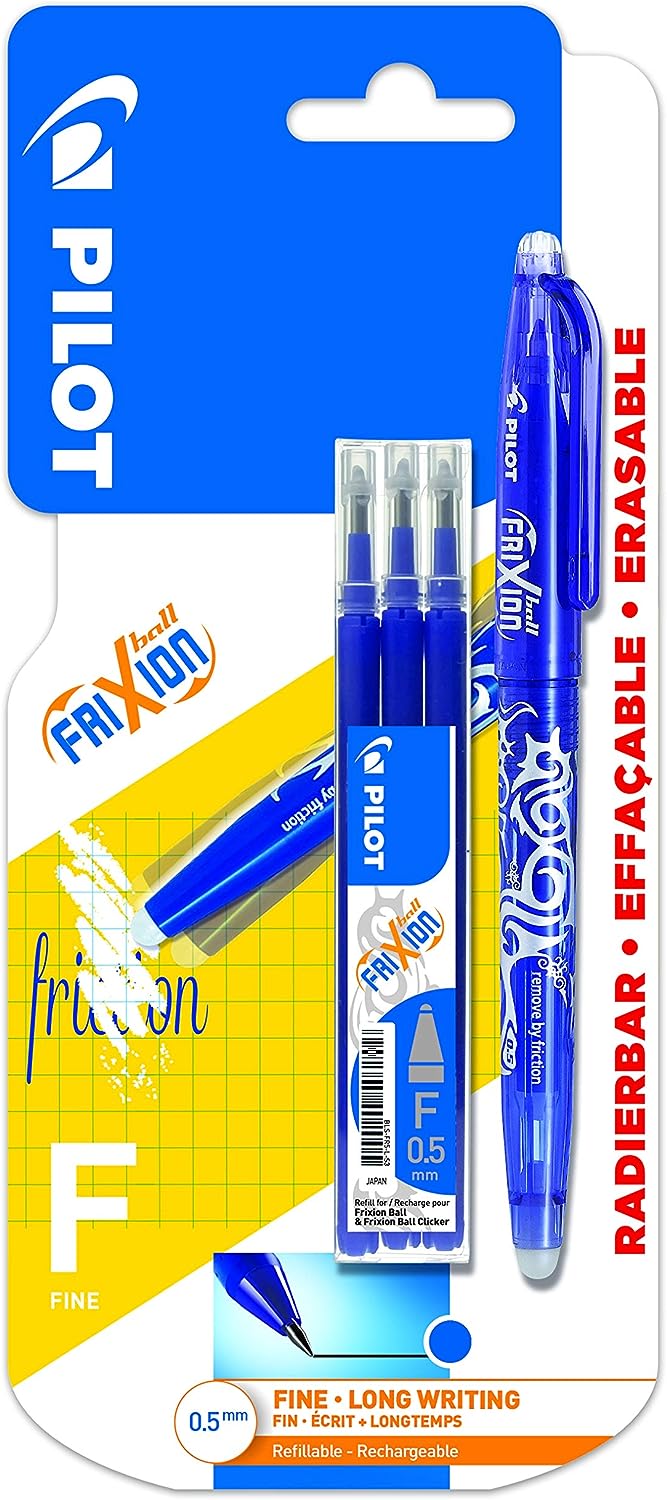 Pilot Frixion Tintenroller, radierbar, feine 0,5 mm Spitze, Blau, Stift und 3 Ersatzminen