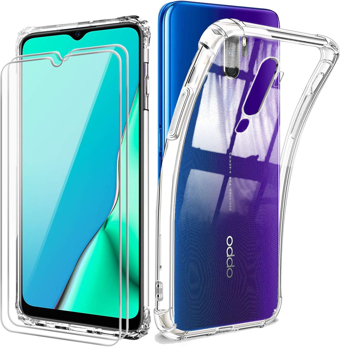 Reshias Schutzhülle für Oppo A9 2020, weiches transparentes TPU Gel Silikon [Anti-Fall] Schutzhülle mit Zwei Displayschutzfolien aus gehärtetem Glas für Oppo A9 2020/A5 2020 (6,5 Zoll)