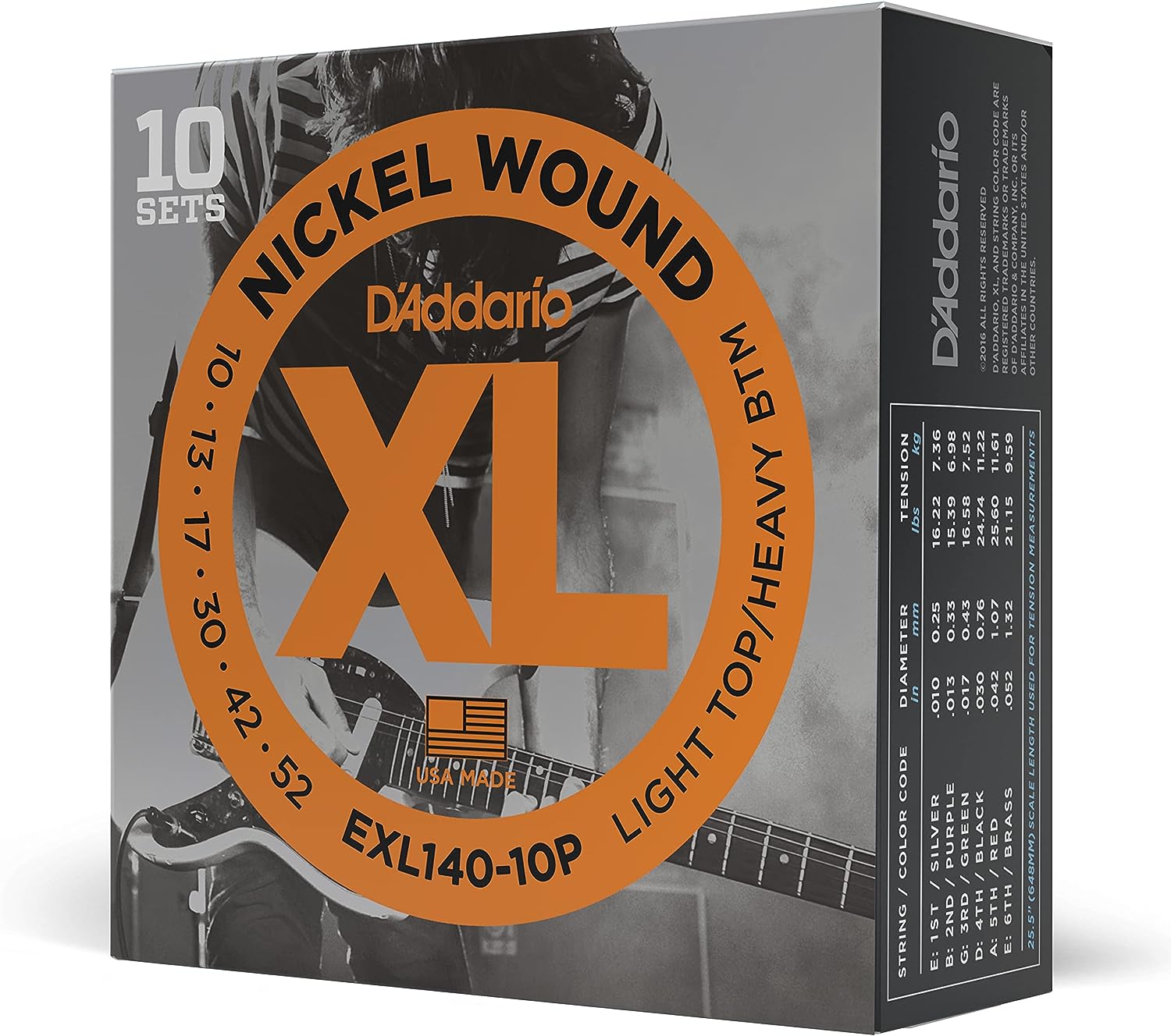 D'Addario E Gitarren Saiten | Gitarrensaiten E Gitarre | E Gitarre Saiten | EXL140-10P vernickelte Stahlsaiten für E-Gitarre .010 - .052 Light Top/Heavy Bottom (10er Pack) Sparpack