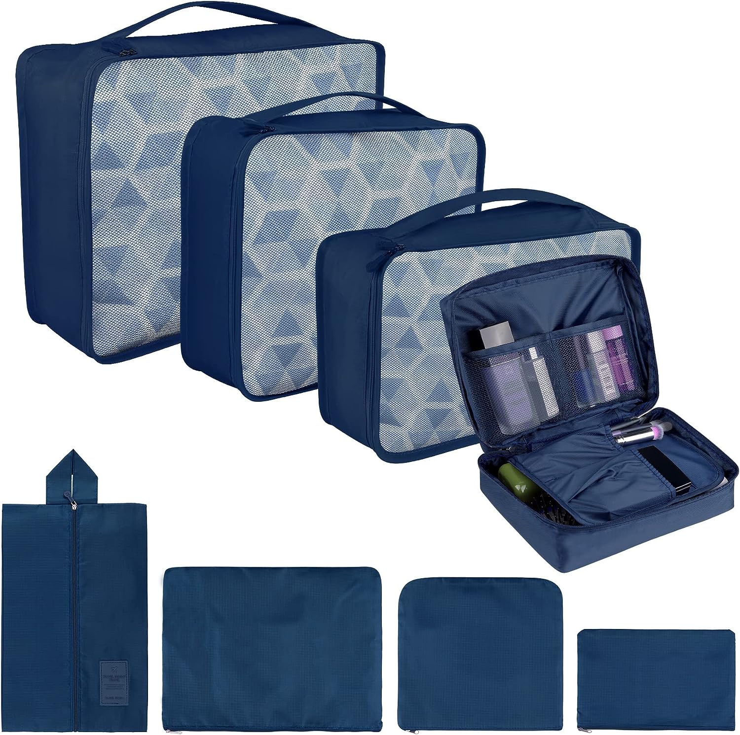 Coolzon Packing Cubes Koffer Organizer, 8 Stück Kofferorganizer Packtaschen Packwürfel mit Schuhbeutel Wäschebeutel Reiseorganizer Kleidertaschen für Rucksack (Dunkelblau)