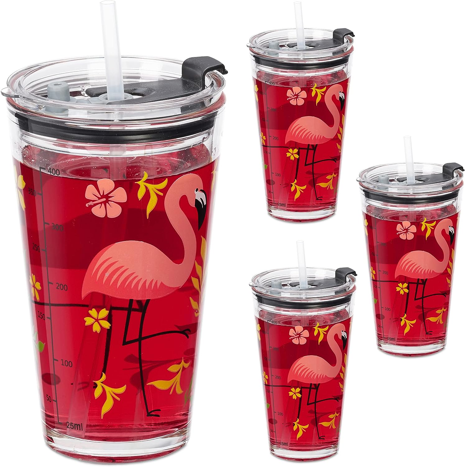 Relaxdays Trinkgläser 4er Set, Flamingo-Motiv, Deckel & Strohhalm, 450 ml, Glasbecher Kinder, Smoothieglas, transparent