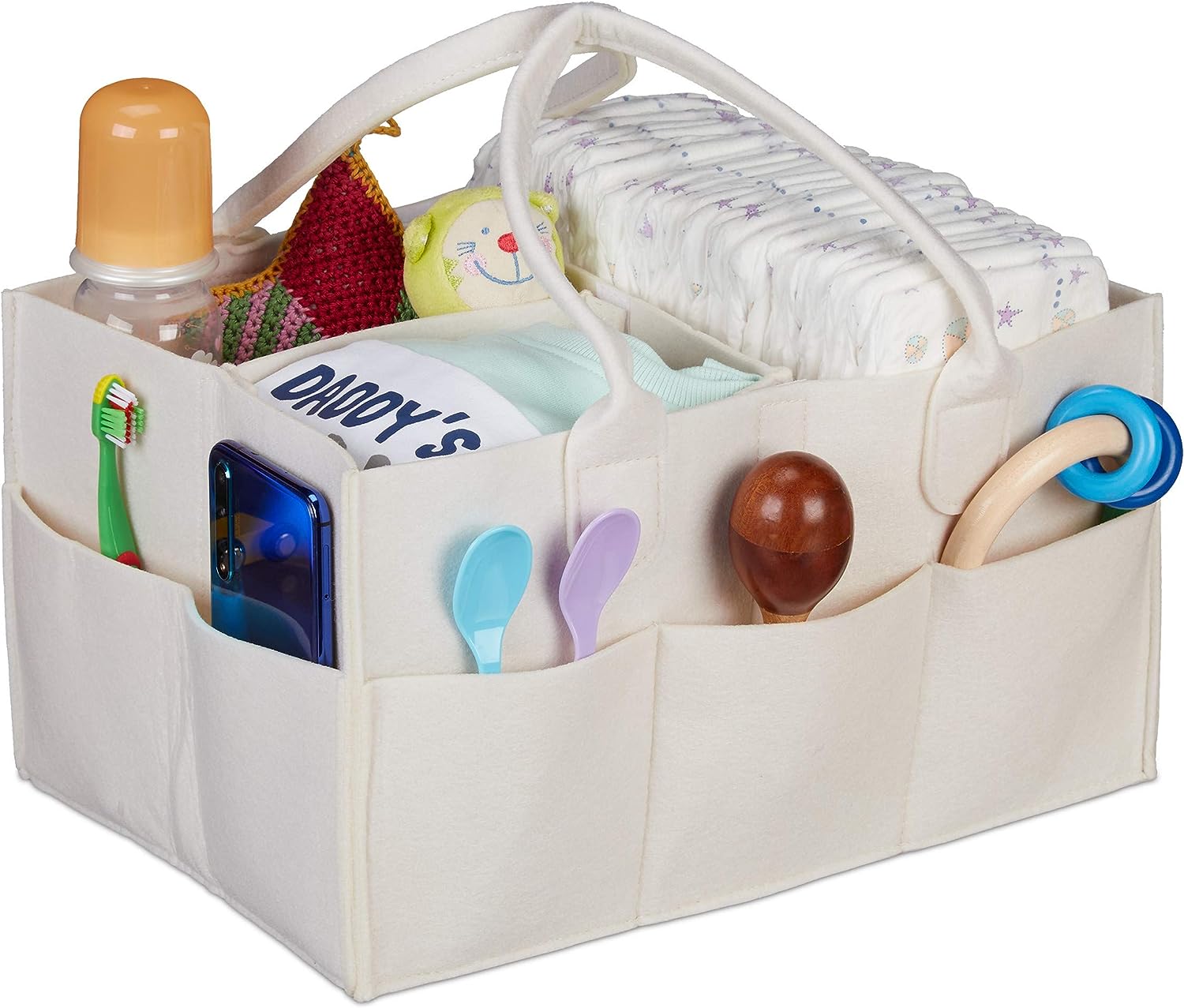 Relaxdays Baby Windel Caddy, 11 Fächer, entnehmbare Trenner, tragbare Filztasche, Auto & Wickeltisch Organizer, beige