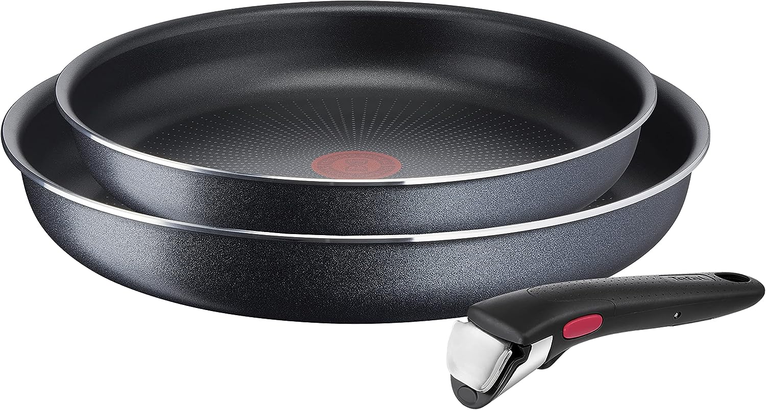 Tefal L15891 Ingenio XL Force 3-teiliges Pfannenset | 24/28 cm + 1 abnehmbarer Griff | stapelbar | Antihaftversiegelung | Thermo-Signal Temperaturanzeiger | Grau/Blau, Groß