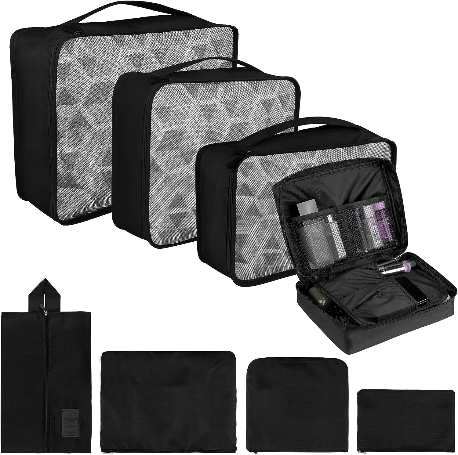 Coolzon Packing Cubes Koffer Organizer, 8 Stück Kofferorganizer Packtaschen Packwürfel mit Schuhbeutel Wäschebeutel Reiseorganizer Kleidertaschen für Rucksack (Schwarz)