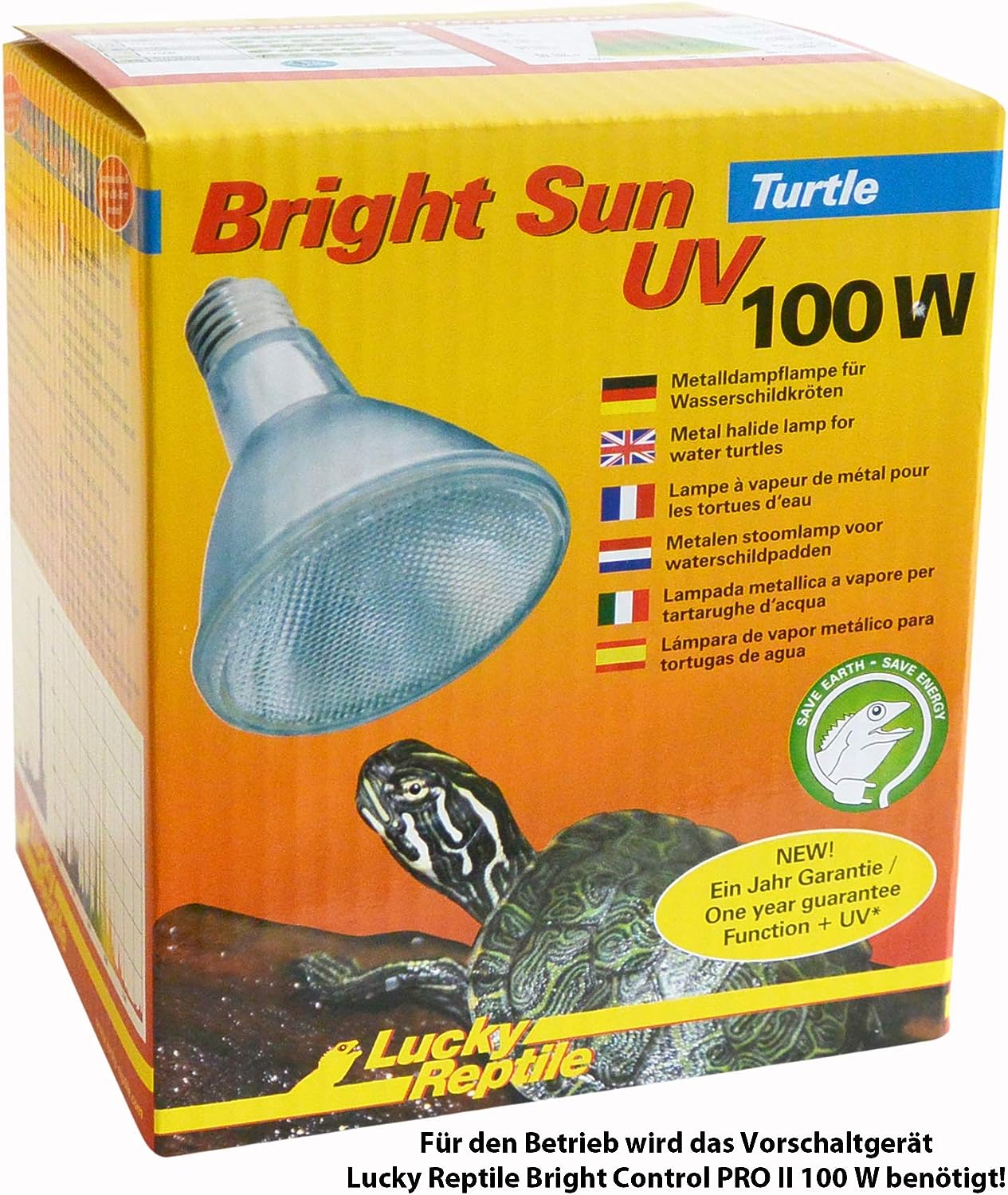 Lucky Reptile Bright Sun UV Turtle - 100 W Metalldampflampe für E27 Fassungen - Reptilien Lampe mit sonnenähnlichem Lichtspektrum - Wärmestrahler Terrarium - UV-Lampe für Wasserschildkröten