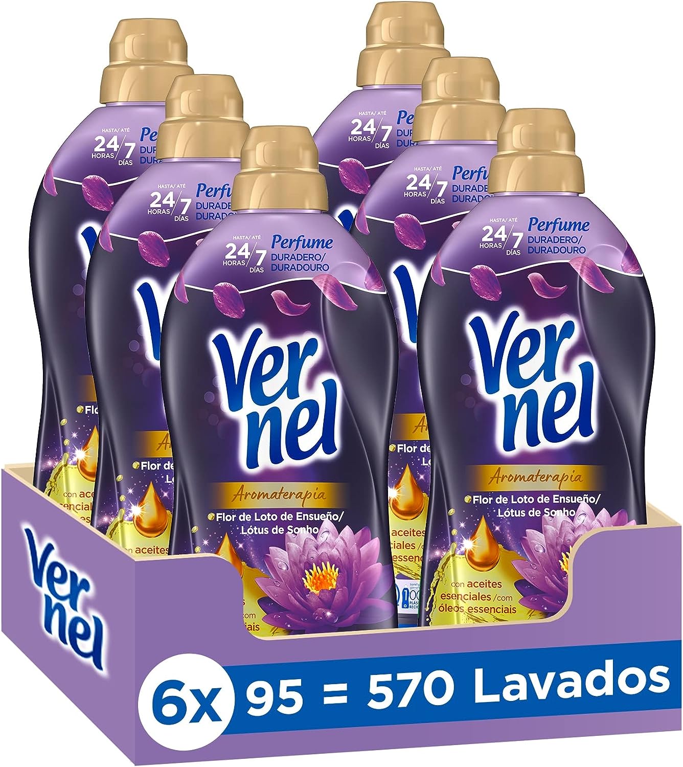 Vernel Suavizante Concentrado Para La Ropa Aromaterapia Flor De Loto De Ensueño (pack de 6, total: 570 lavados), suavizante de ropa para una experiencia aromática durante 24 horas y hasta 7 días