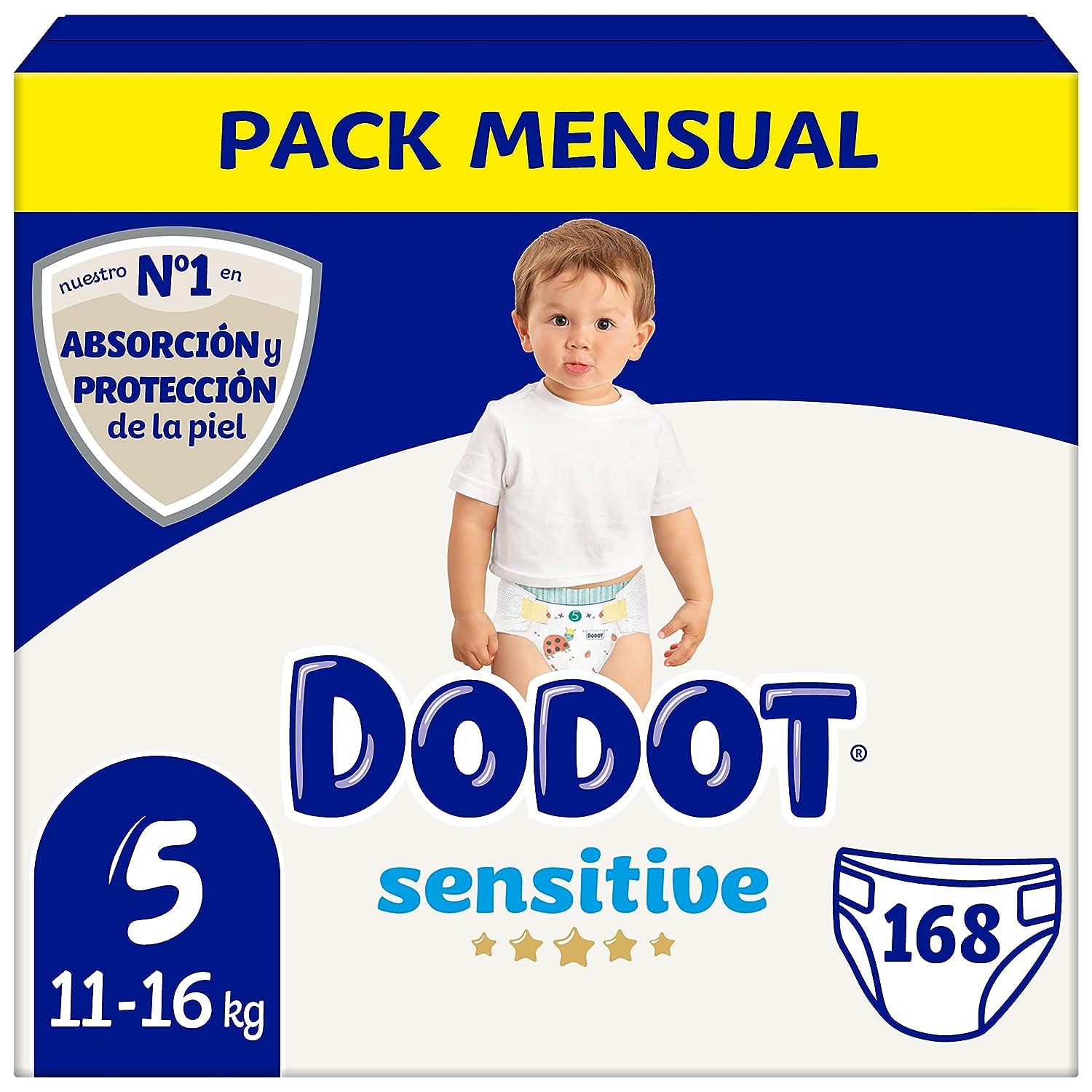 Dodot Sensitive Babywindel, Größe 5 (11-16 kg), 168 Windeln + 1 Pack mit 48 kostenlosen Tüchern, optimaler Schutz der Haut von Dodot, monatlich