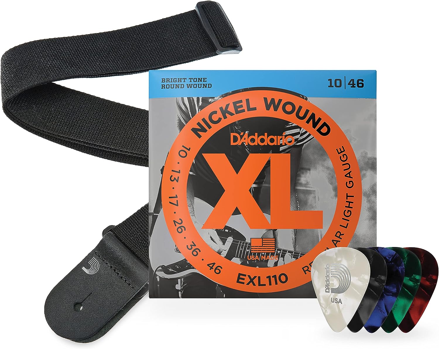 D'Addario E-Gitarrensaiten, Plektren, Gurtset – EXL110 XL Nickel Wound E-Gitarrensaiten, 10-46 Light – Gitarrengurt Poly Pro Black – 10er Pack mit ausgewählten Plektren, mittelgroß