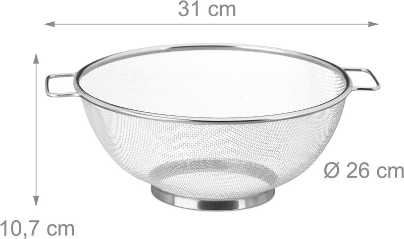 Relaxdays Standsieb Edelstahl, feinmaschiger Seiher mit Griffen & Ringsockel, spülmaschinenfest, Nudeln, 26cm Ø, silber, 1 Stück, 10.7 x 31 x 26 cm