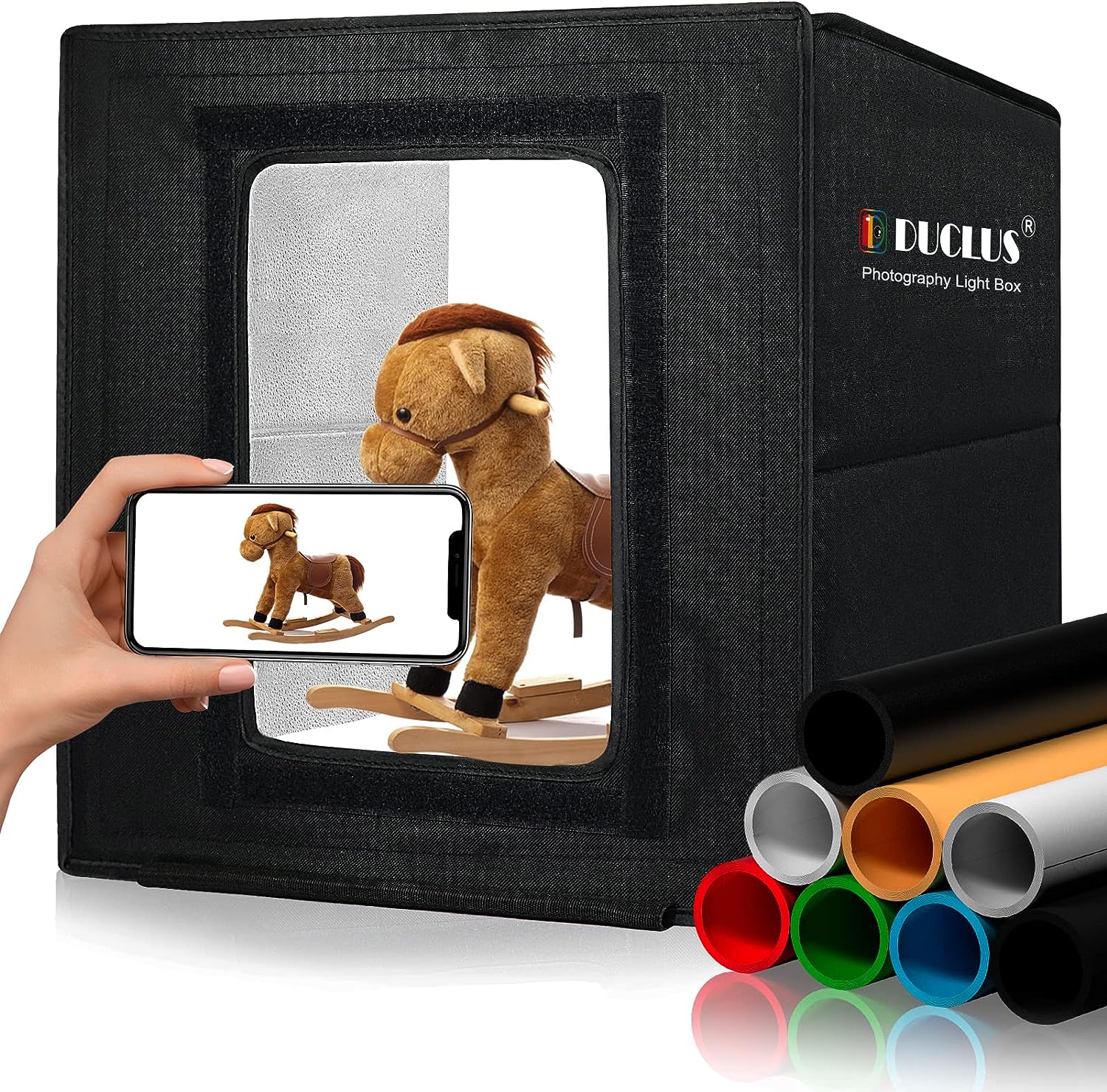 DUCLUS Fotobox zum Fotografieren, 30x30 cm Photobox zum Produktfotografie, Faltbare Mini Fotostudio Set mit Dimmbare 112 LEDs, 8 Glänzende Hintergründe für Lichtzelt zum Schmuck Kleine Gegenstände