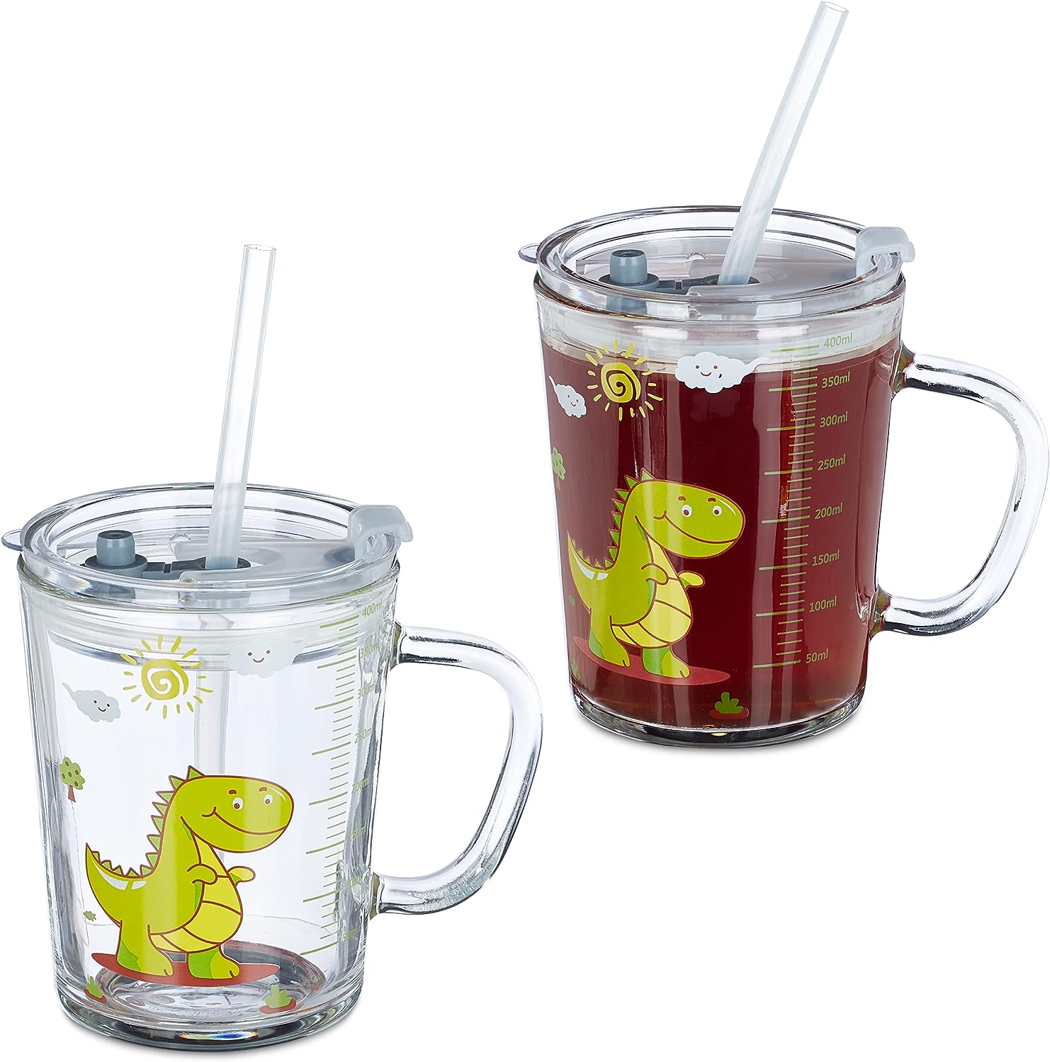 Relaxdays Trinkglas Kinder, 2er Set, Dino-Motiv, Kinderglas mit Henkel, Deckel & Strohhalm, 400 ml Skala, transparent