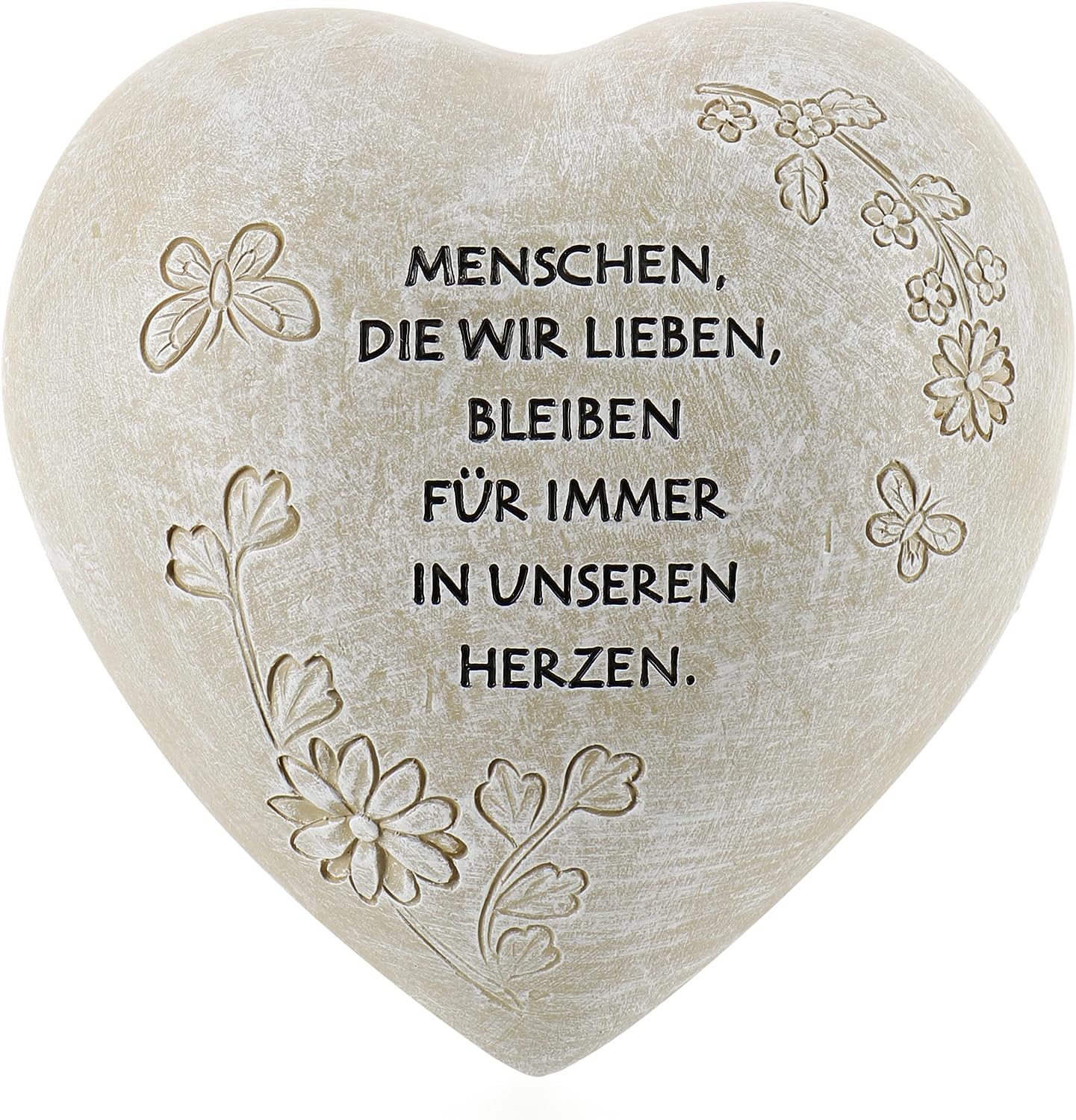 com-four® Grab-Dekoration in Herz-Form - wetterfester Grabschmuck mit Schmetterlingen - verzierter Trauerstein mit Gedenkspruch - Gedenkstein mit Aufschrift (1 Stück - Herz - 15x15x9cm)